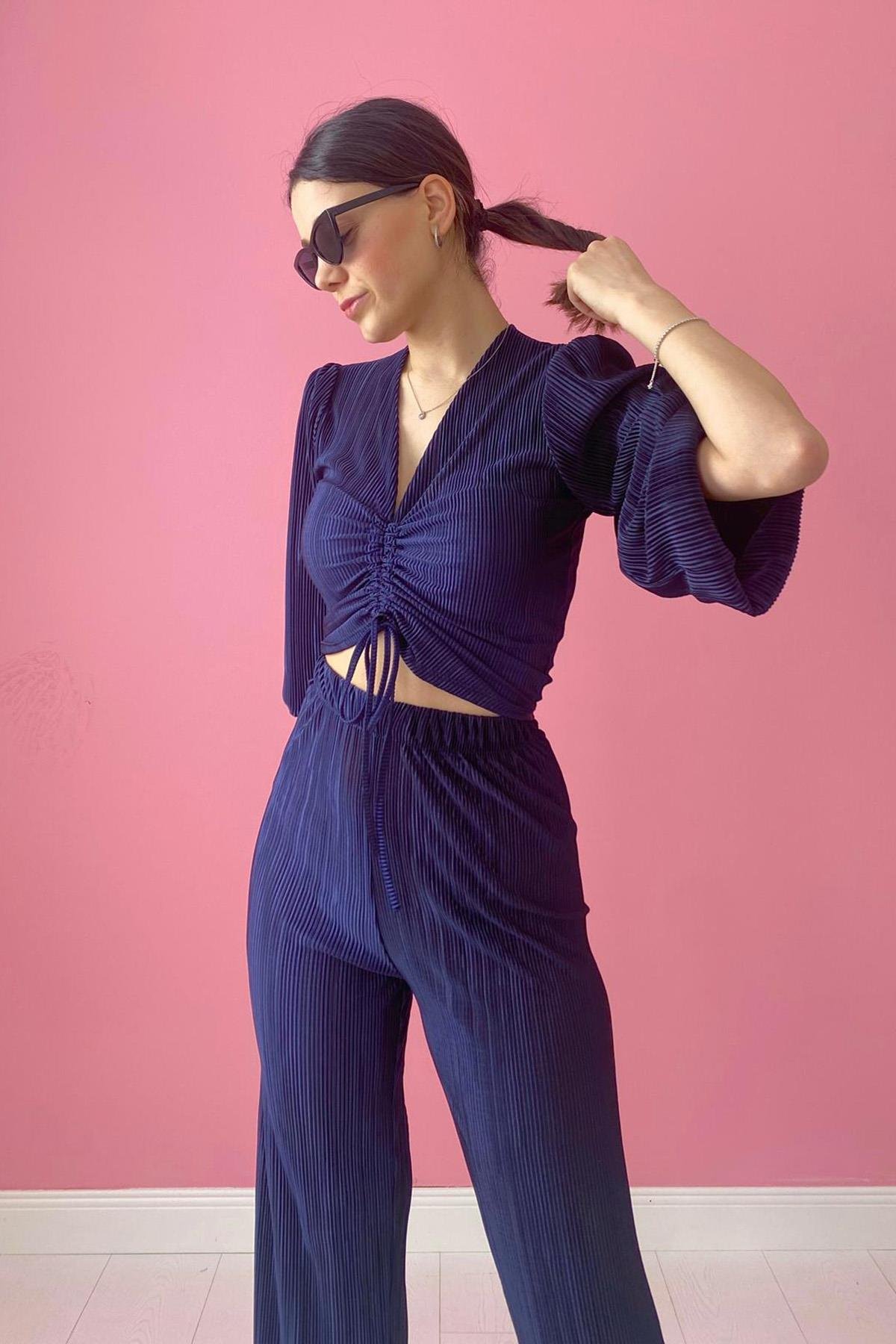 Fitilli Bluz ve Pantolon Takım - Lacivert