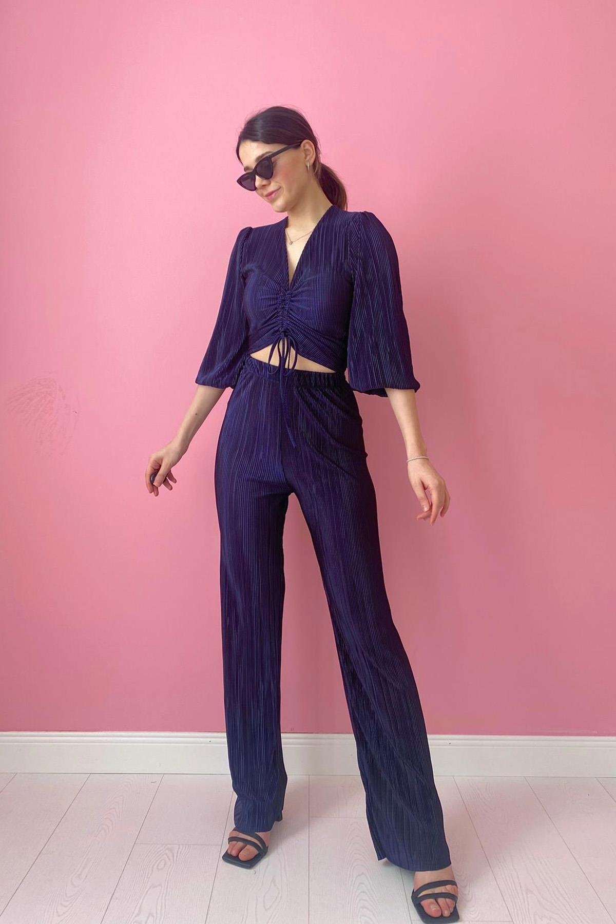 Fitilli Bluz ve Pantolon Takım - Lacivert