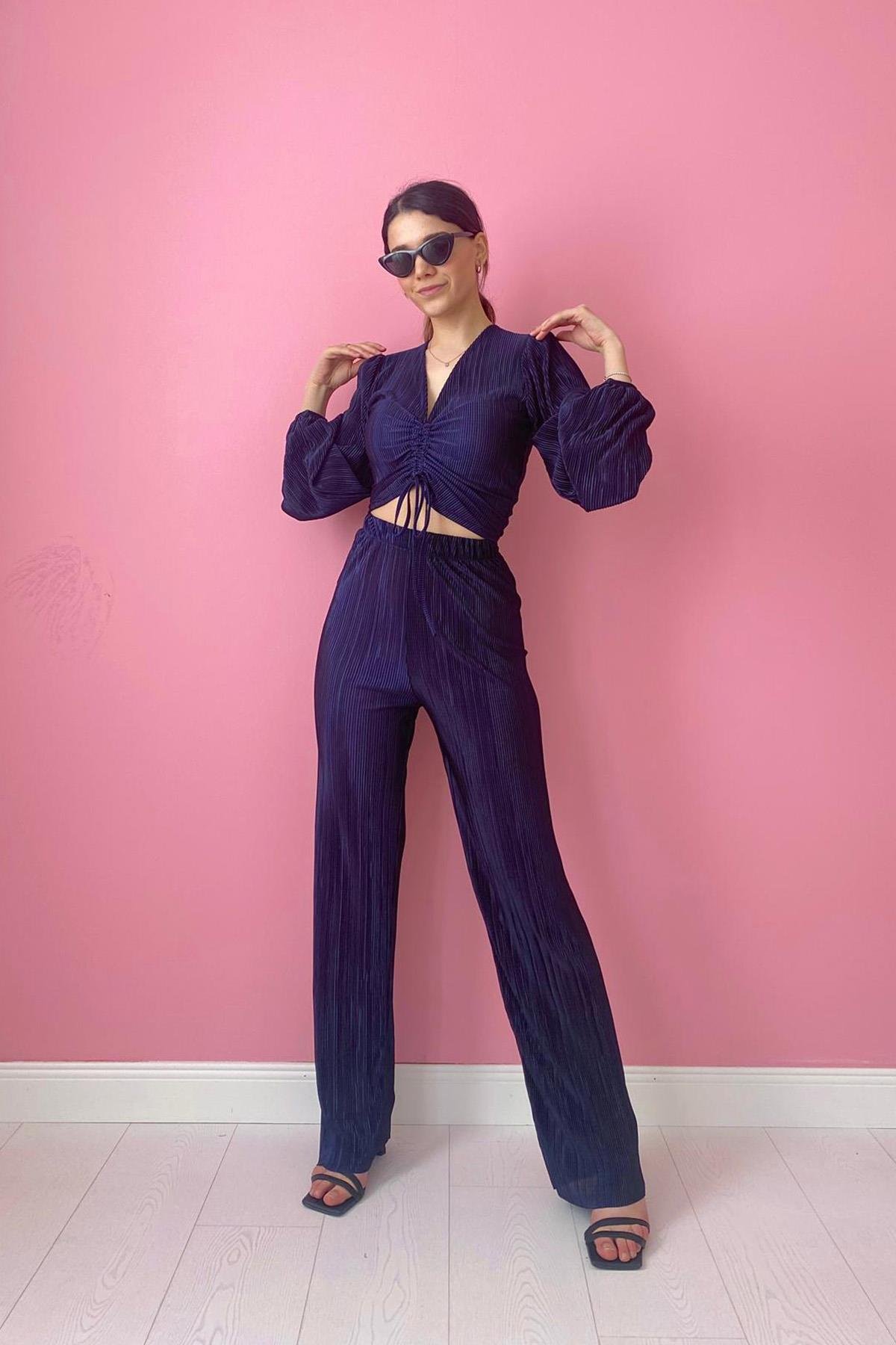 Fitilli Bluz ve Pantolon Takım - Lacivert