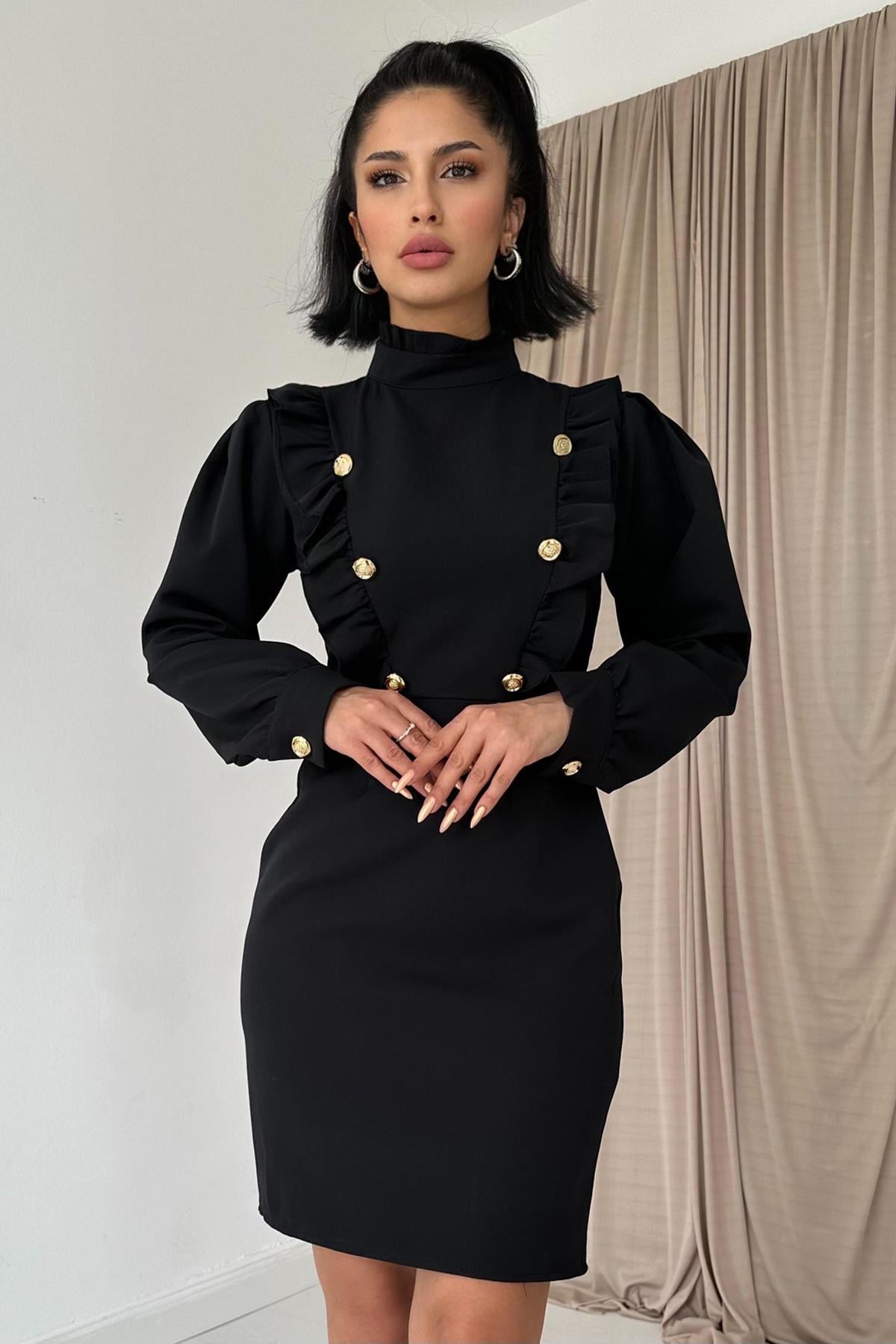 Gold Düğmeli Elbise - Siyah