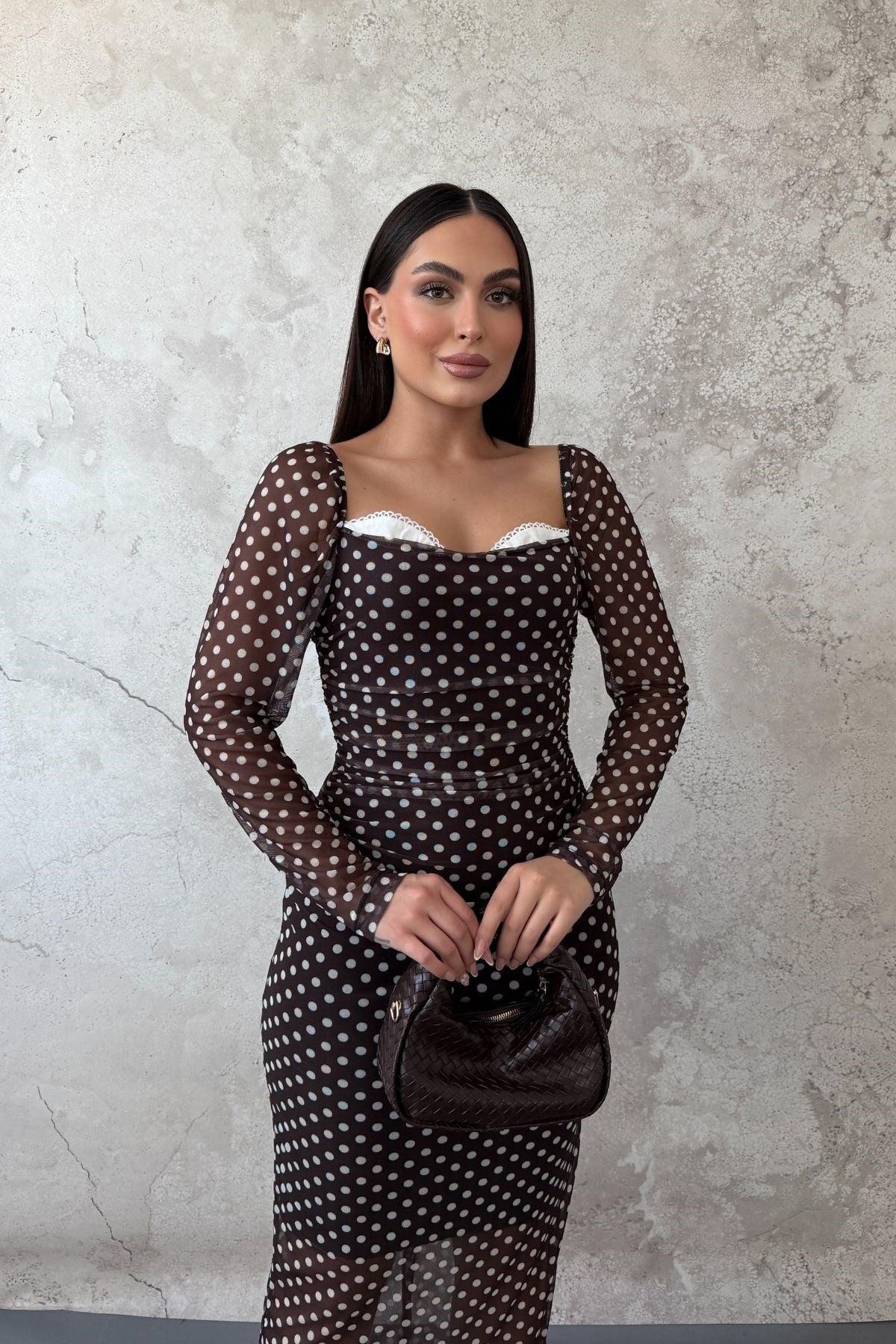 Kahve Puantiyeli Göğüs Detaylı Tül Elbise