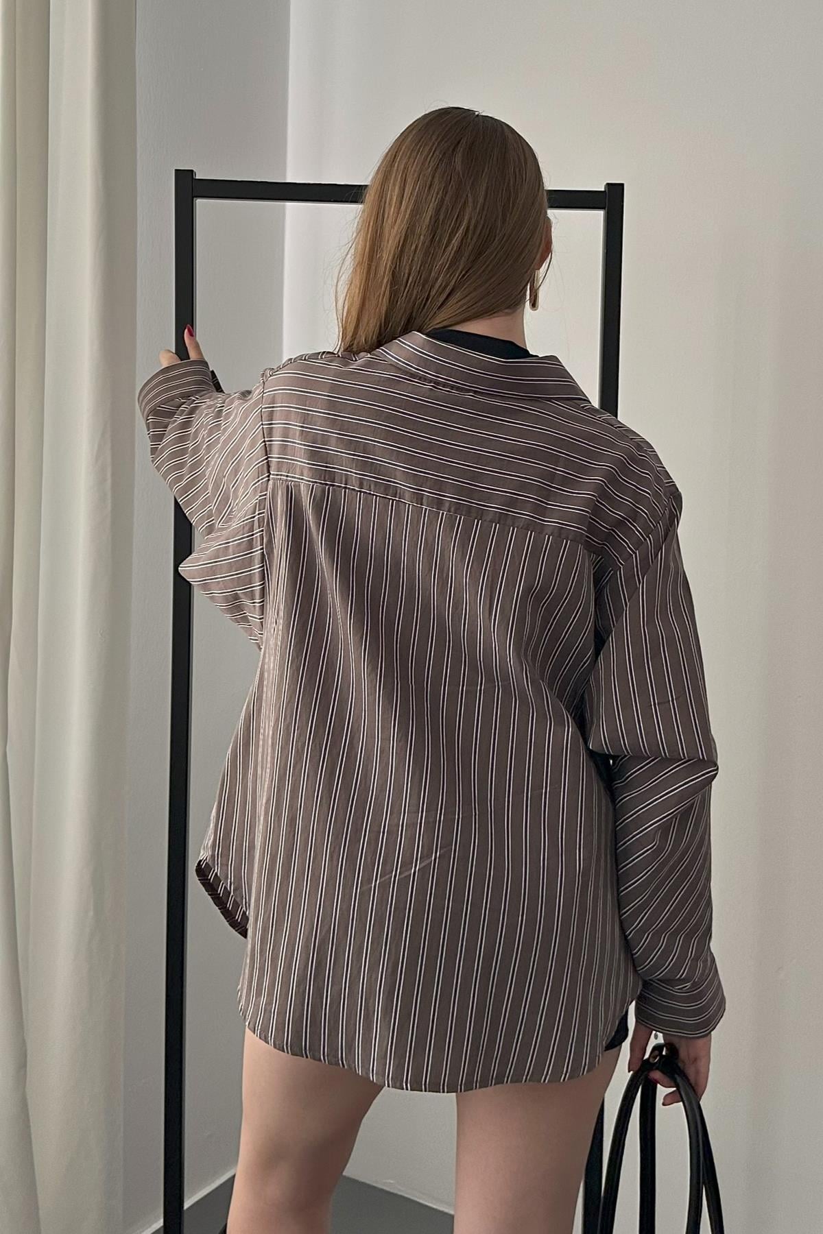 Kahverengi Oversize Kalıp Çizgili Gömlek