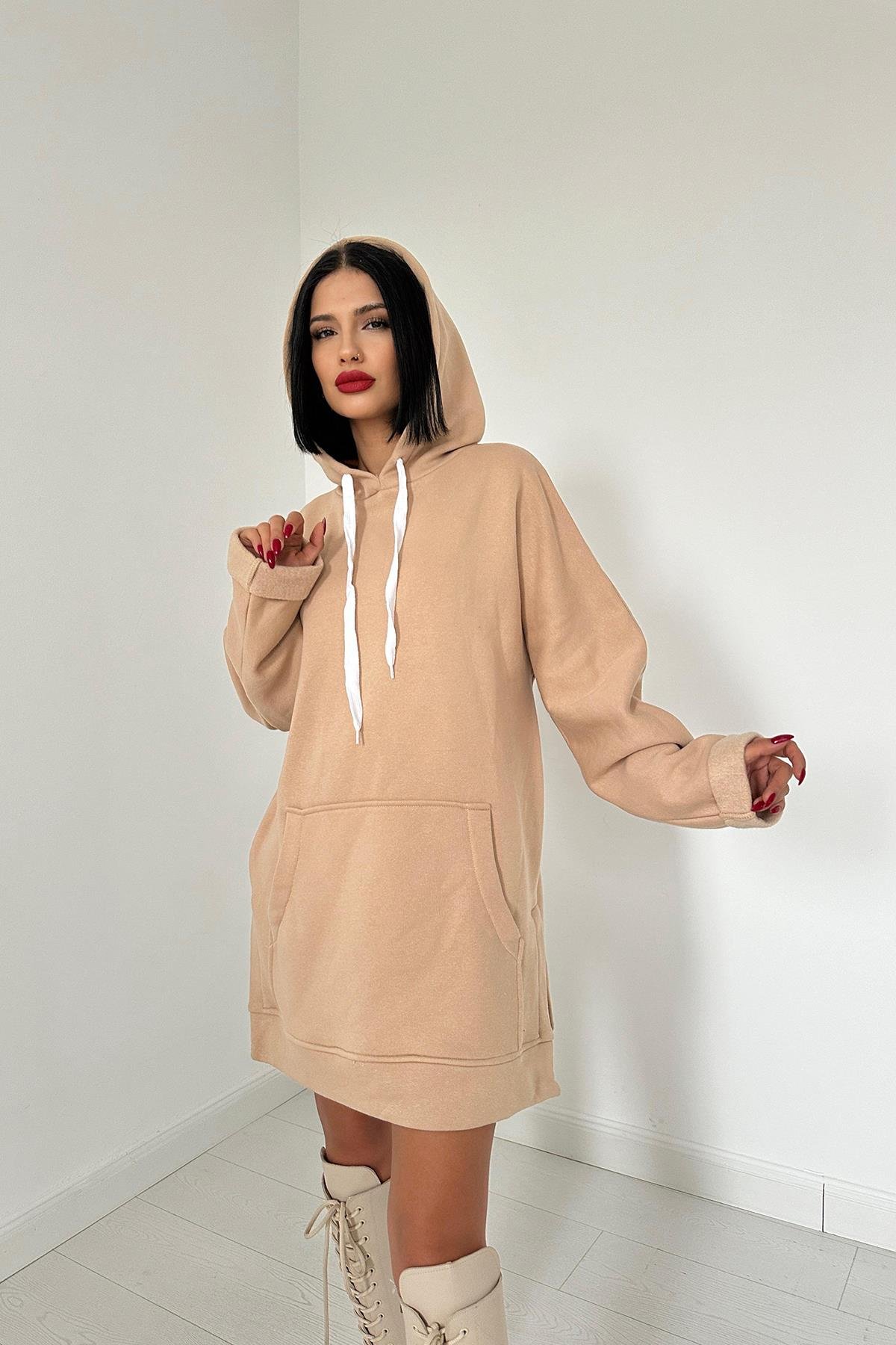 Kapüşonlu Uzun Sweatshirt - Bej
