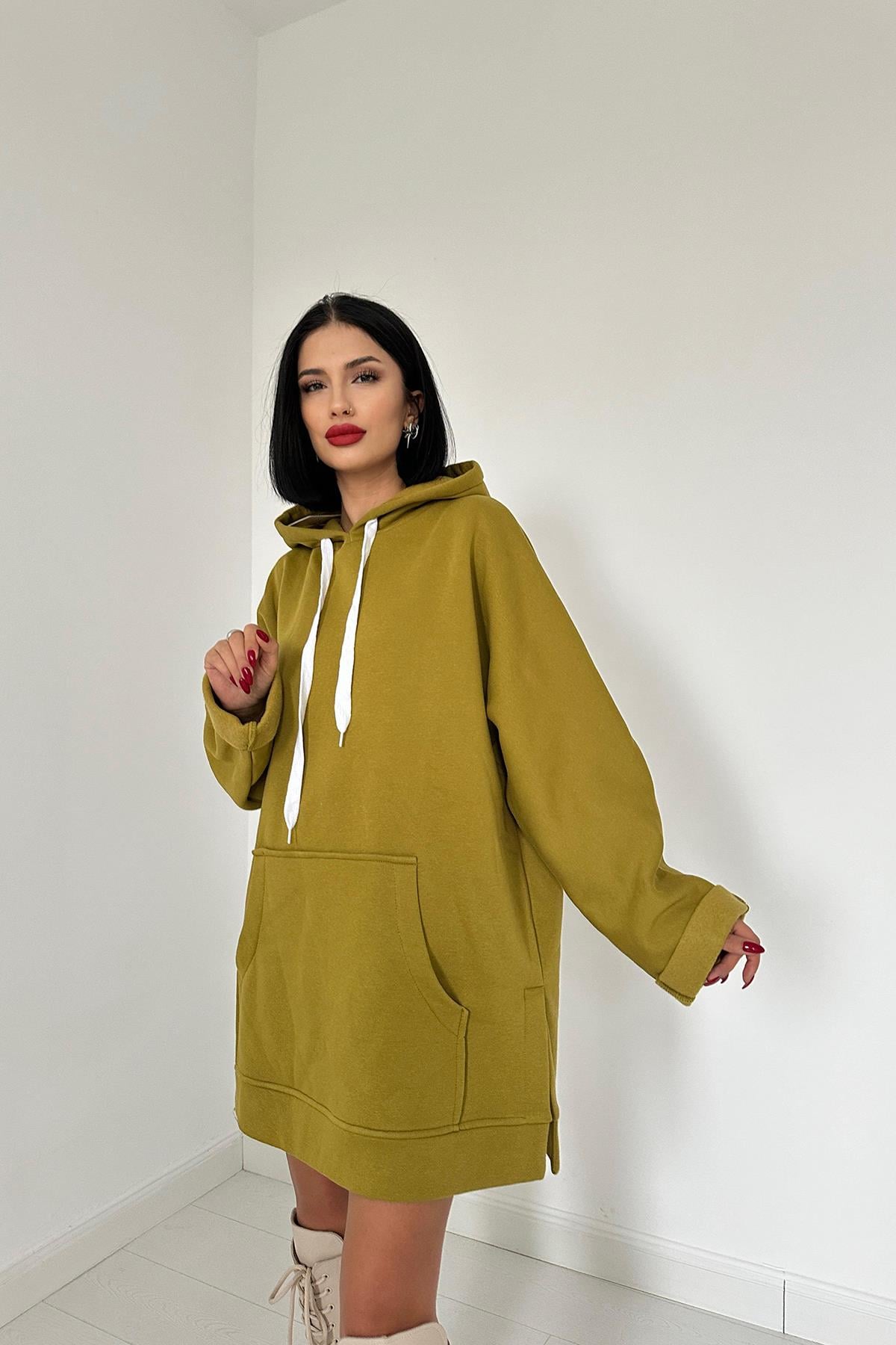 Kapüşonlu Uzun Sweatshirt - Yeşil