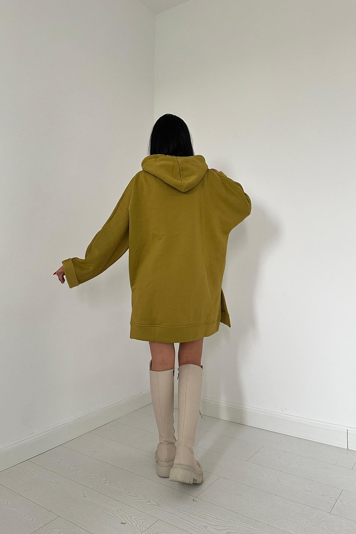 Kapüşonlu Uzun Sweatshirt - Yeşil