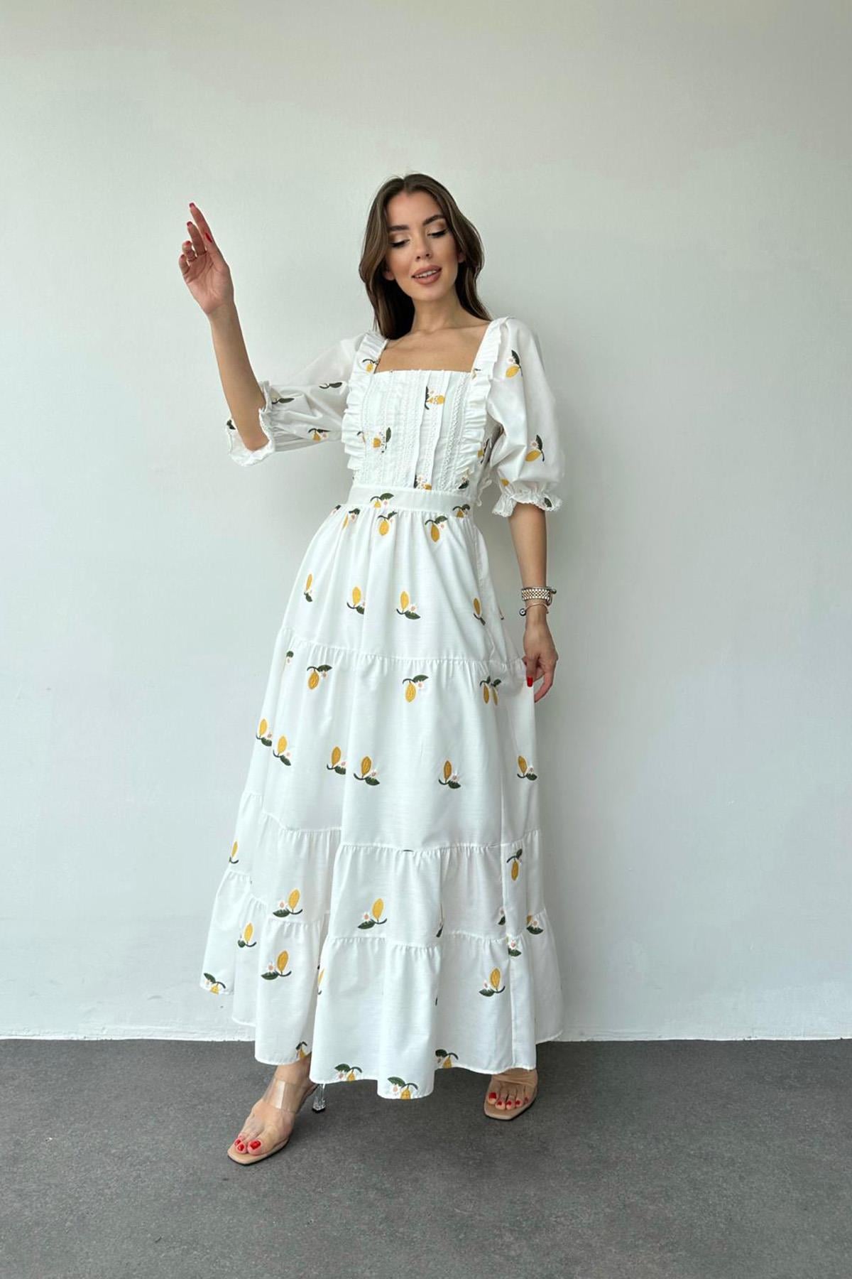 Kare Yaka Çiçek Desenli Elbise - Sarı & Beyaz
