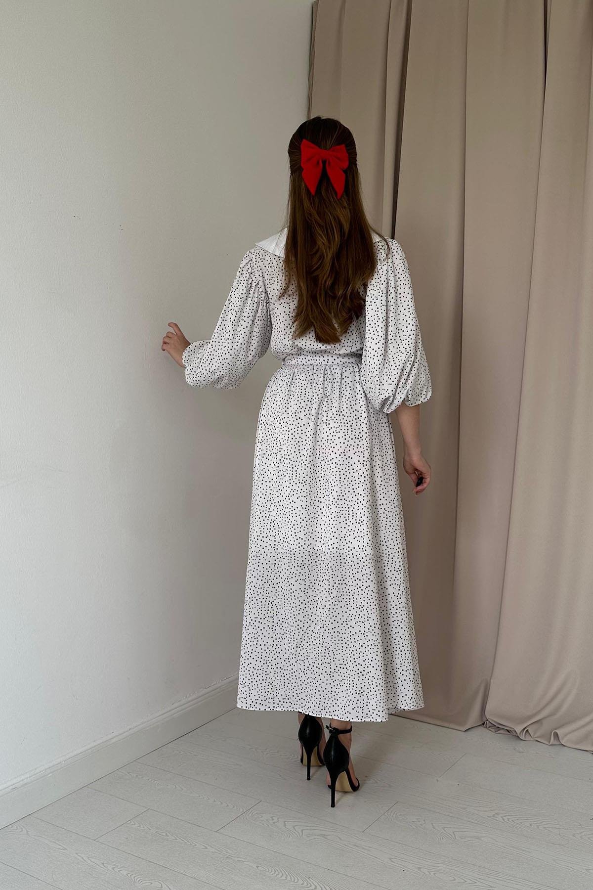 Kemerli Önlük Yaka Elbise - Beyaz 7481