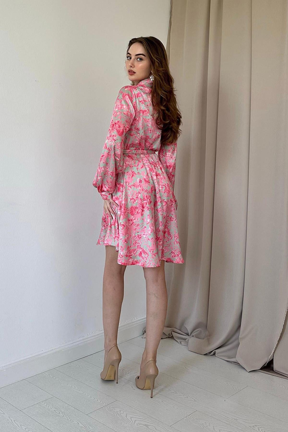 Kuşaklı Saten Elbise - Pembe 6742