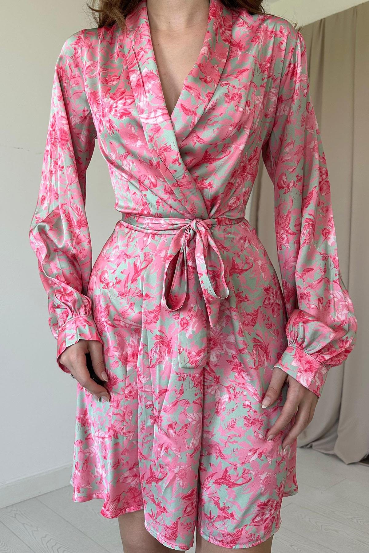 Kuşaklı Saten Elbise - Pembe 6742