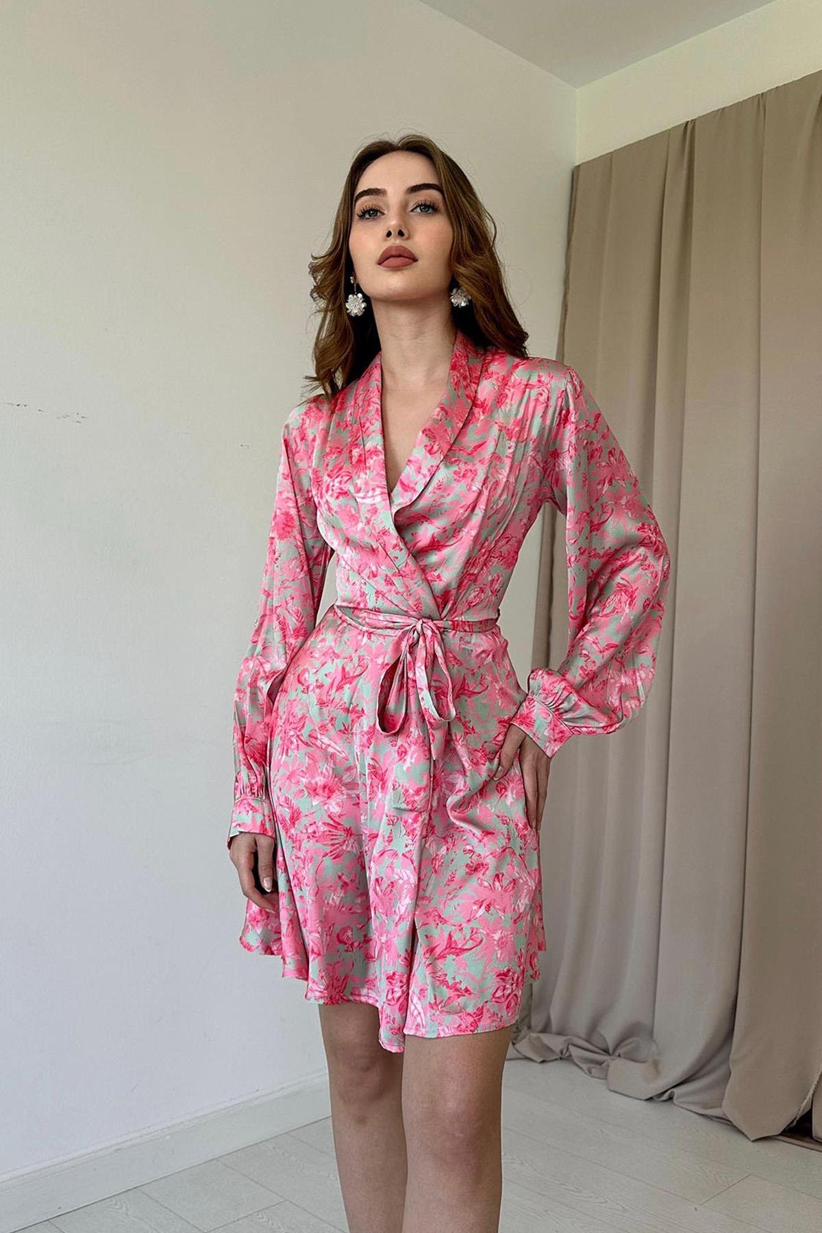 Kuşaklı Saten Elbise - Pembe 6742