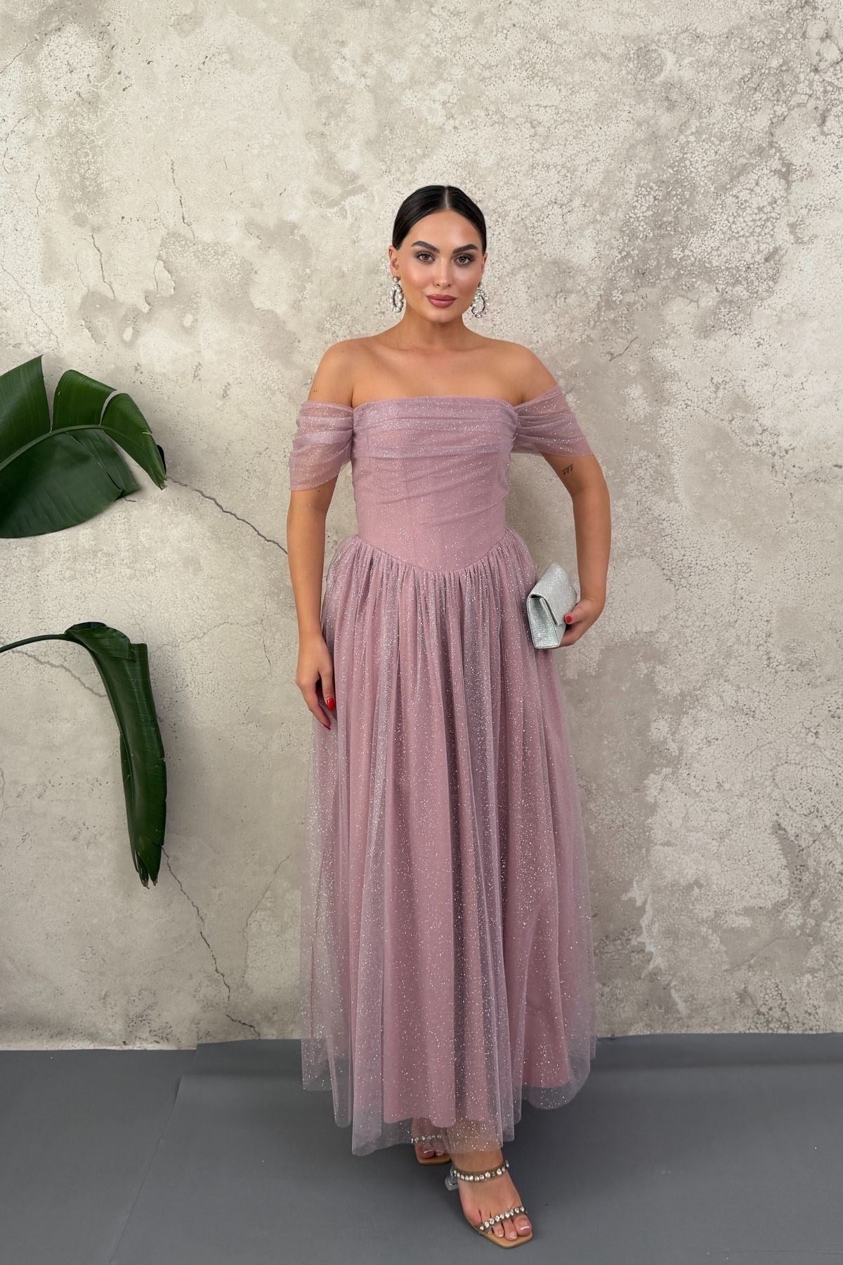 Lila Düşük omuz detaylı korse detaylı ışıltılı elbise