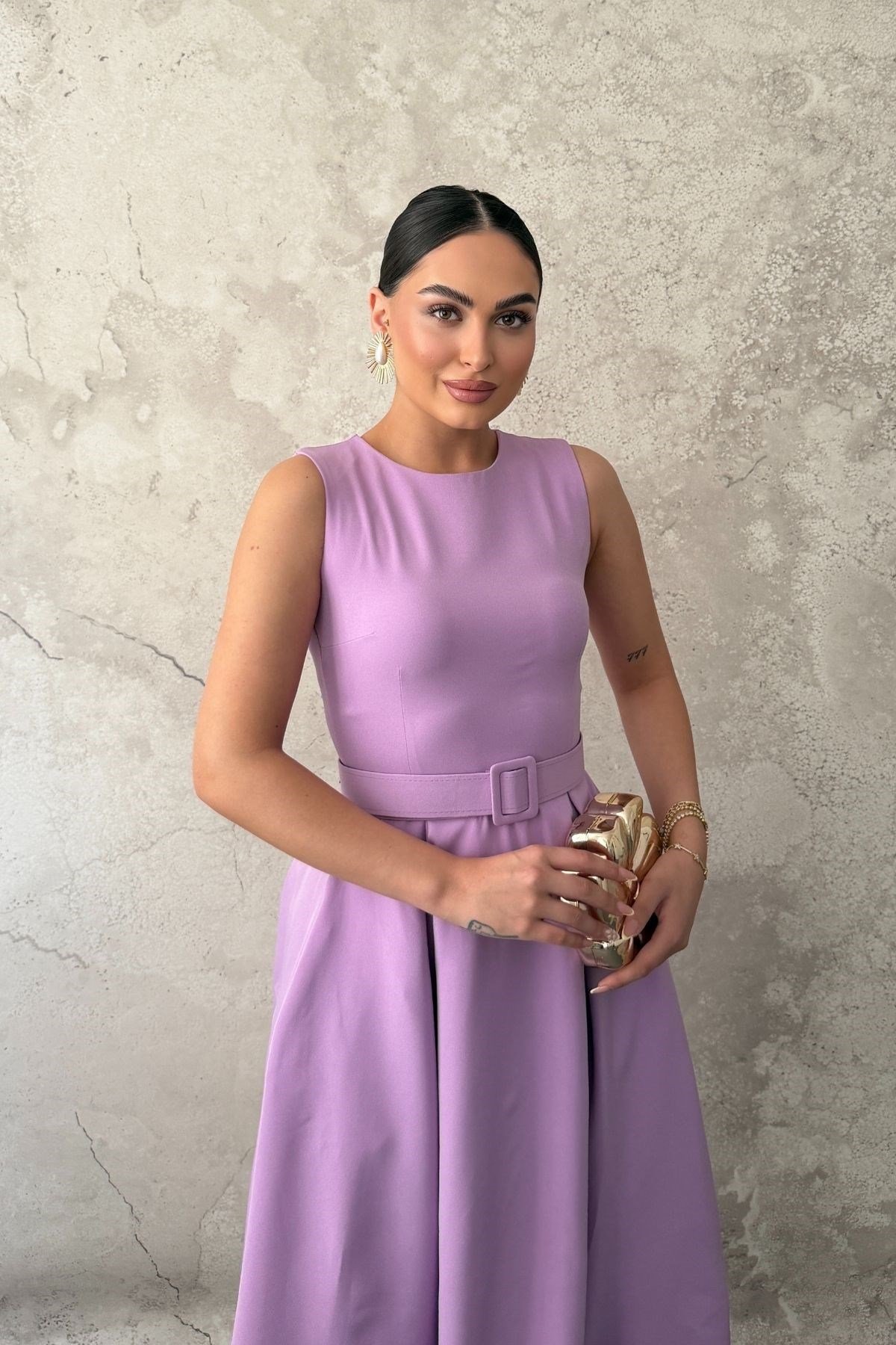 Lila Halter Yaka Kloş Elbise