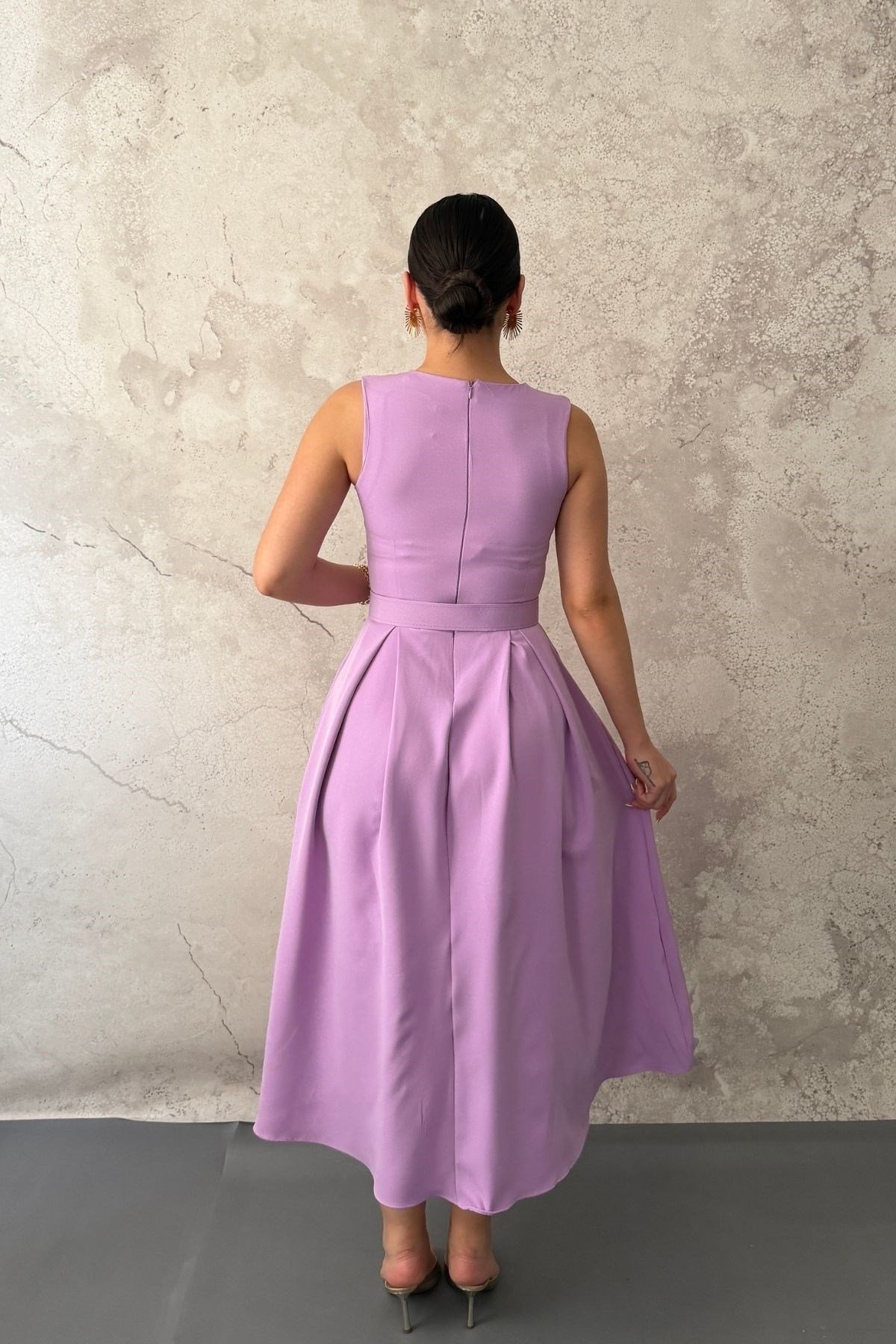 Lila Halter Yaka Kloş Elbise