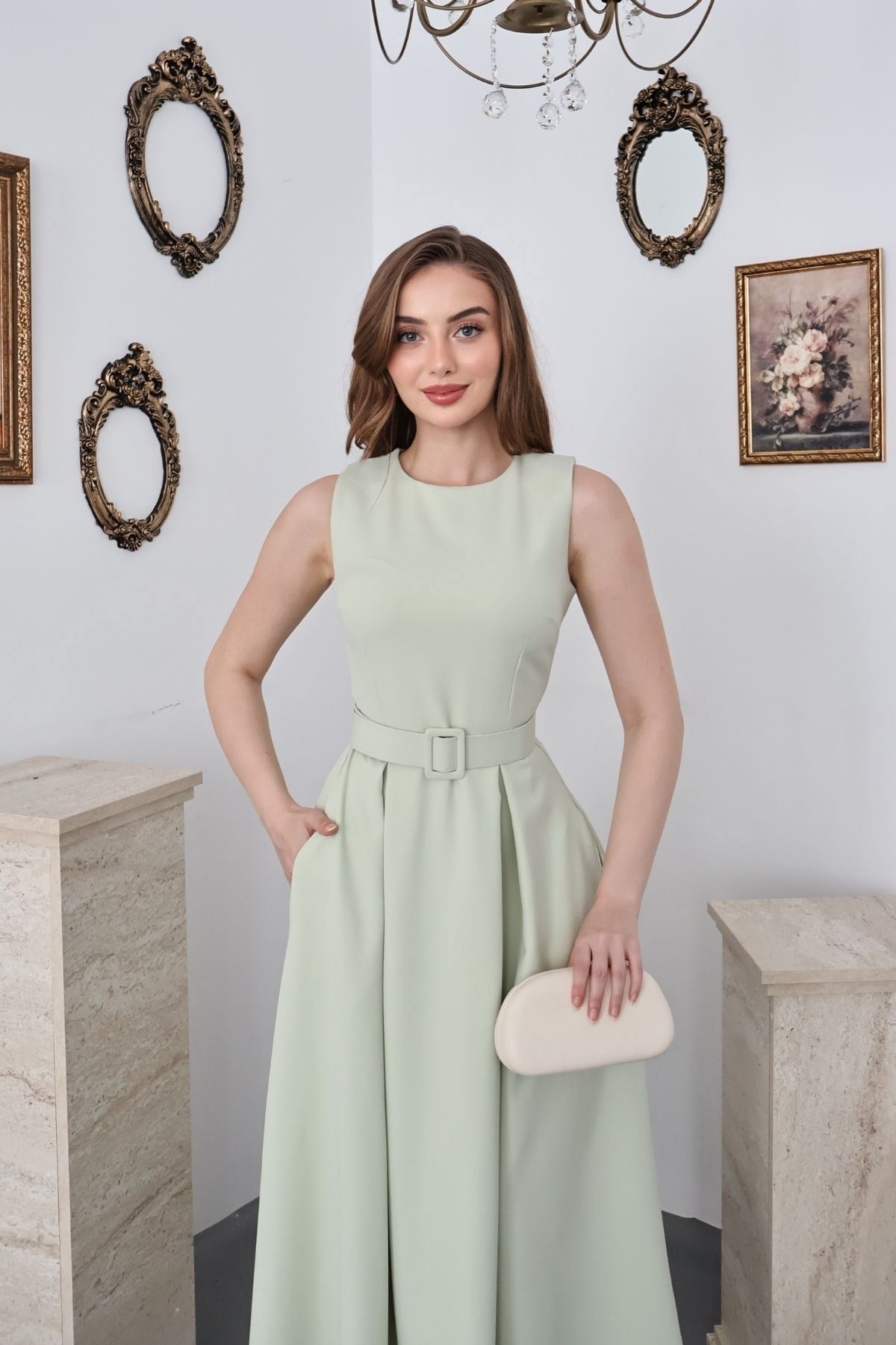 Mint Halter Yaka Kloş Elbise