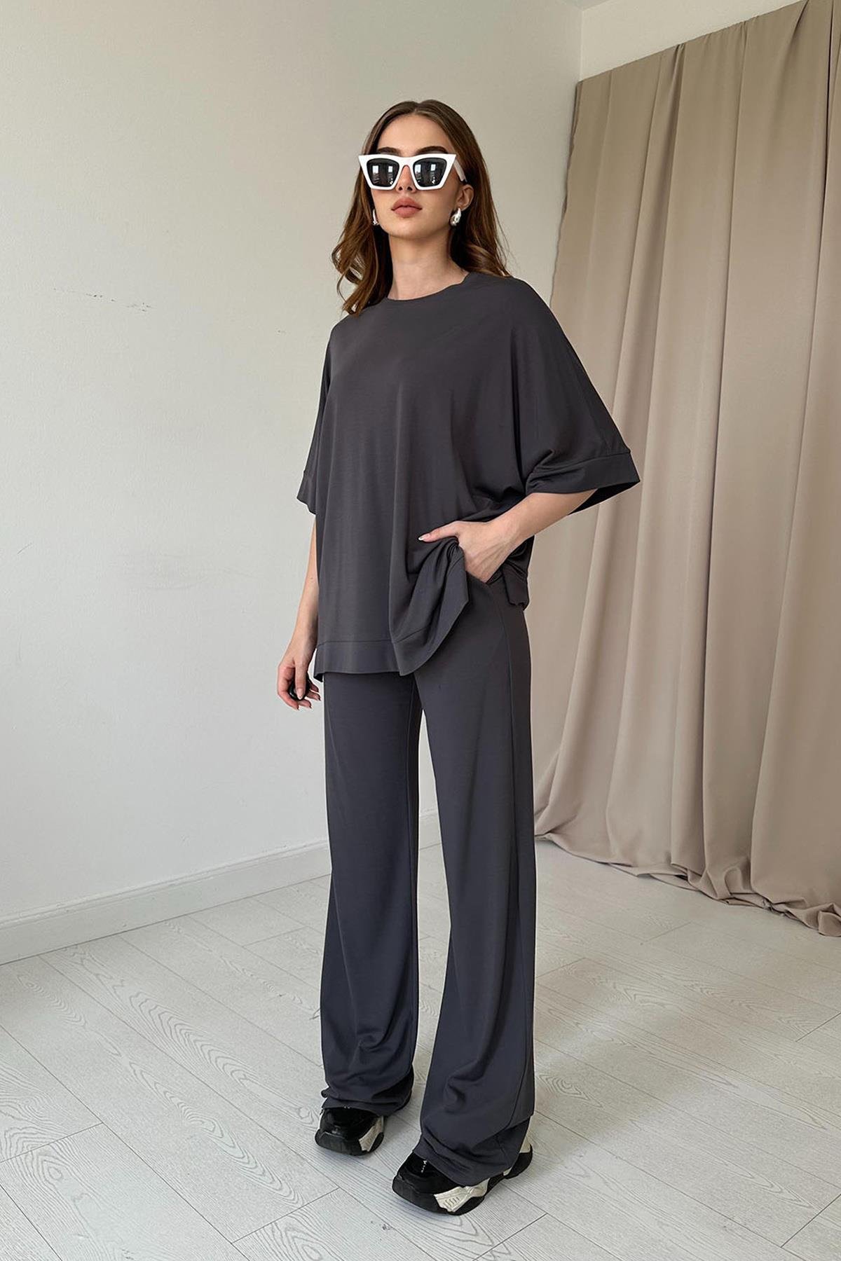 Modal Bluz ve Pantolon Takım - Füme
