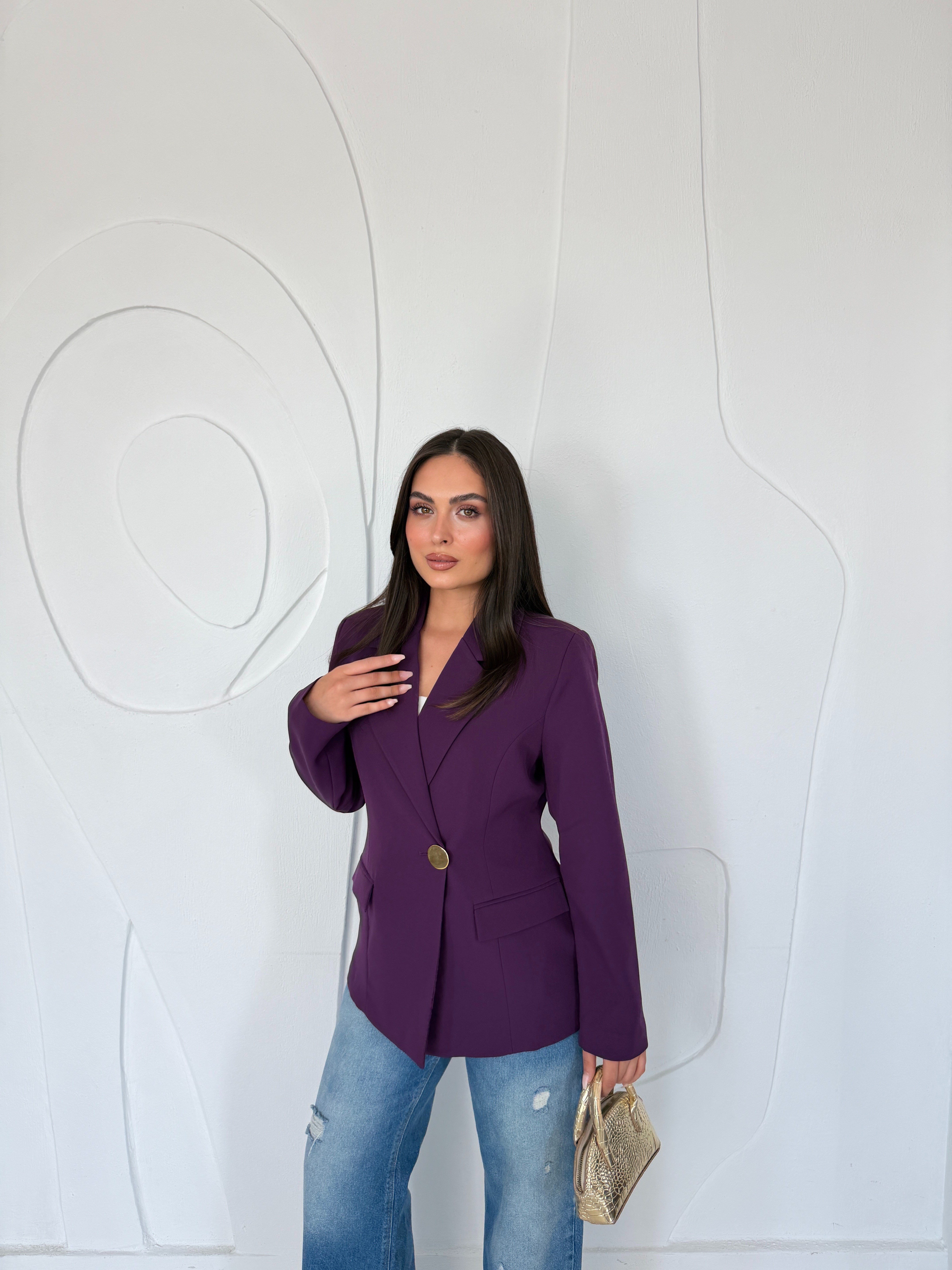 Mor Gold Düğme Detaylı Belden Oturtmalı Blazer Ceket
