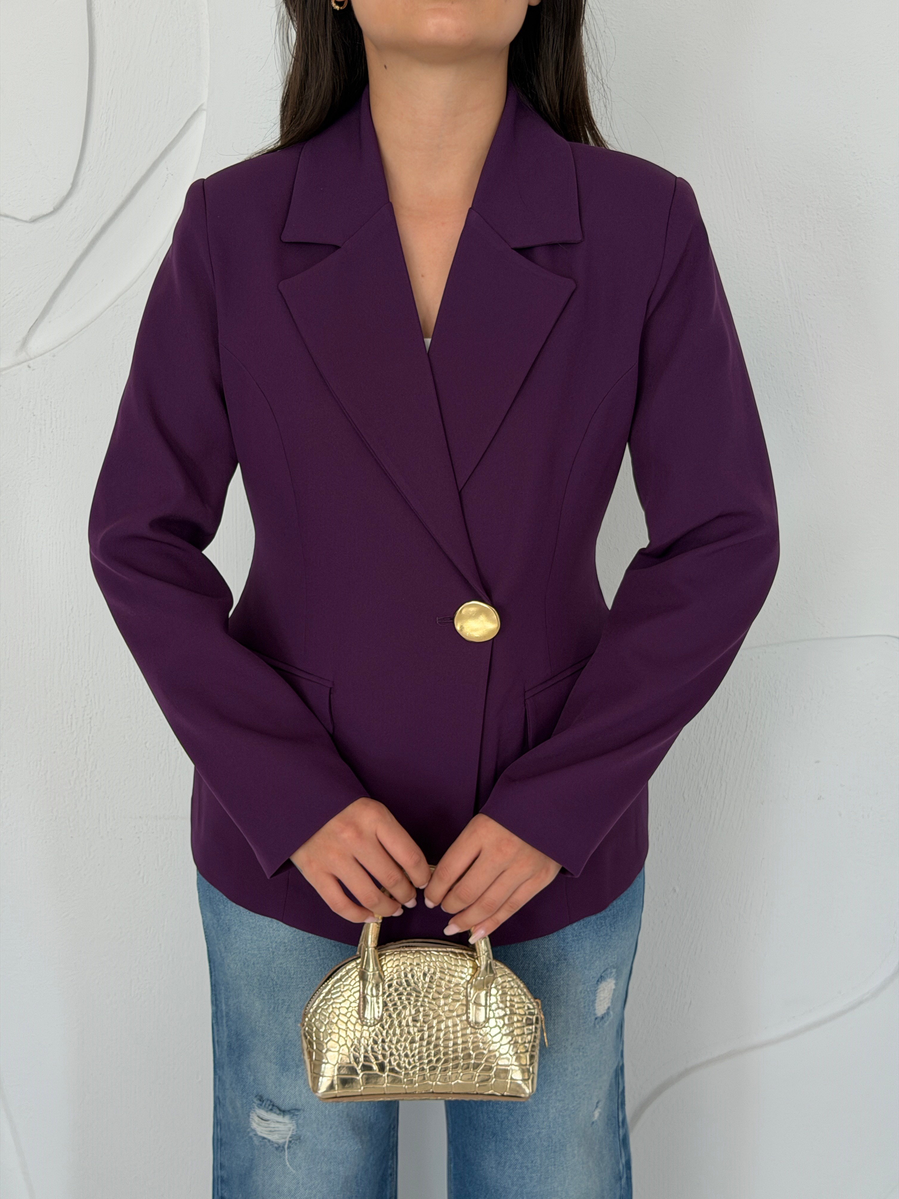 Mor Gold Düğme Detaylı Belden Oturtmalı Blazer Ceket