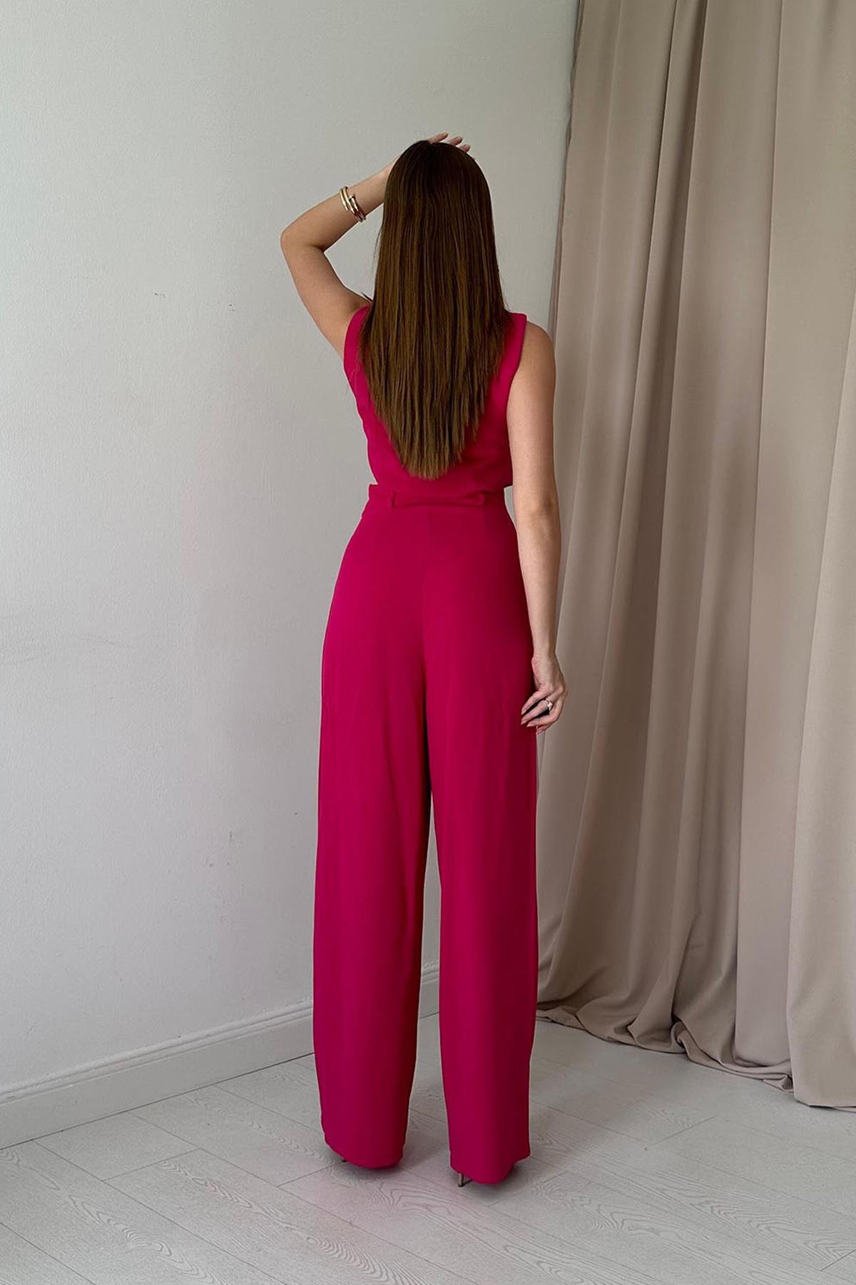 Önü Düğmeli Yelek ve Pantolon Takım - Fuşya 7452
