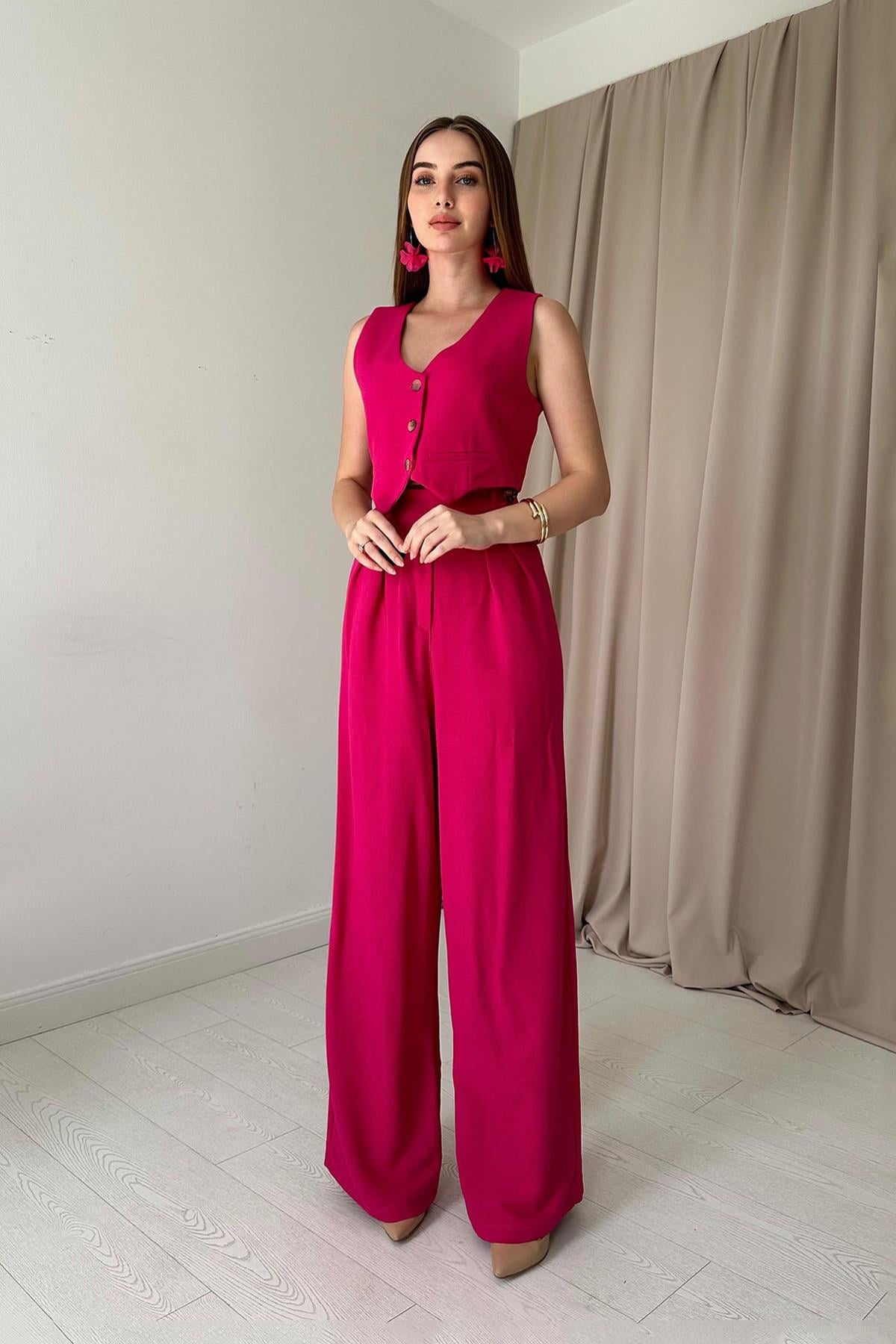 Önü Düğmeli Yelek ve Pantolon Takım - Fuşya 7452