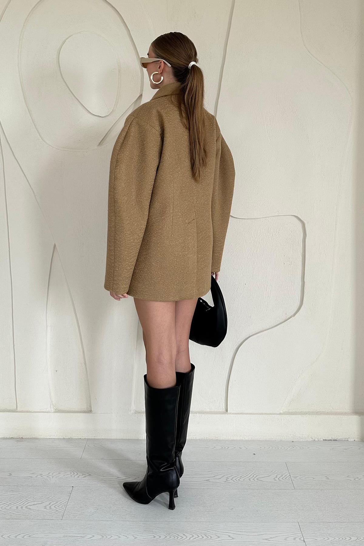Oversize İki Düğmeli Kaşe Manto - Camel 8320