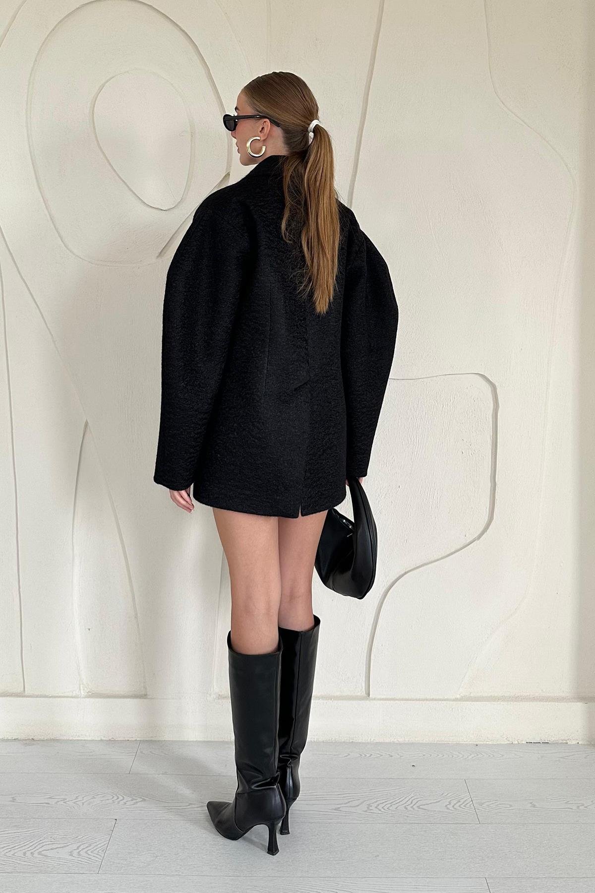 Oversize İki Düğmeli Kaşe Manto - Siyah 8320