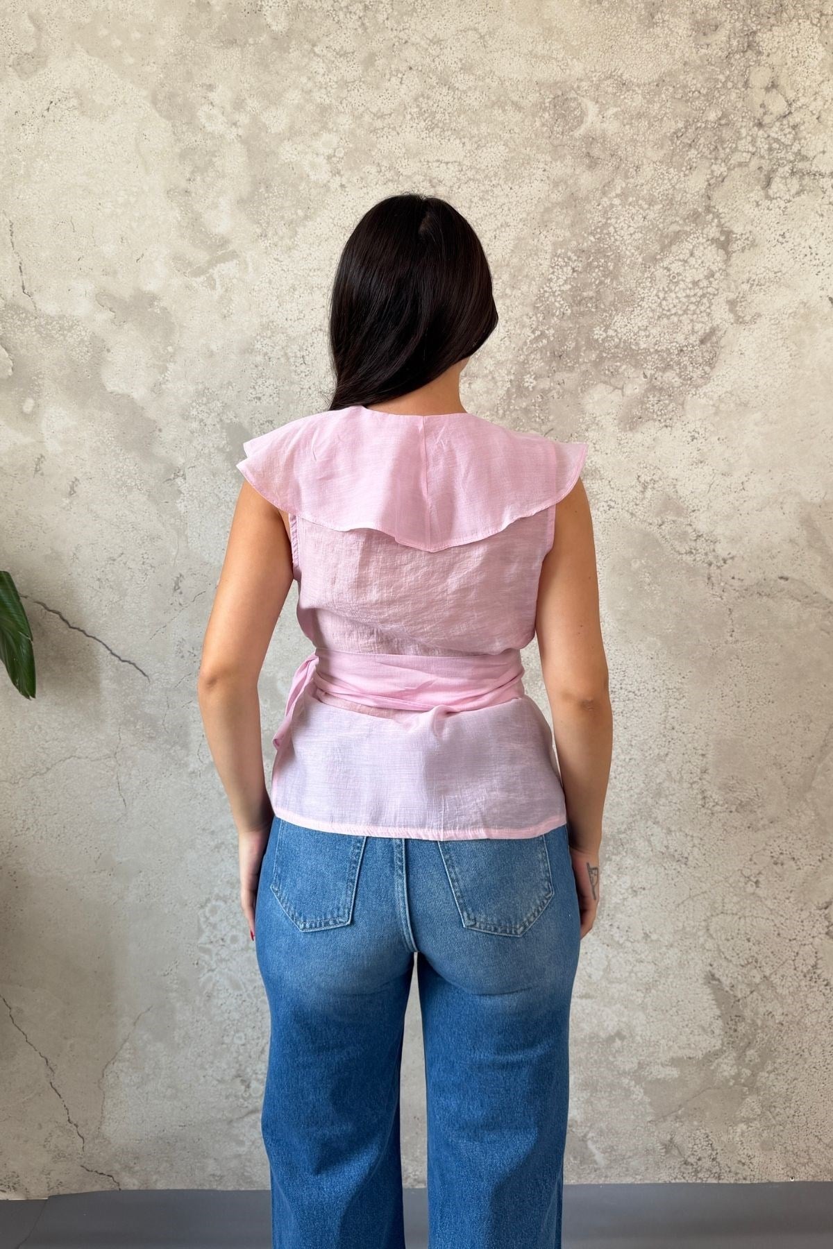 Pembe Belden Bağlamalı Bluz