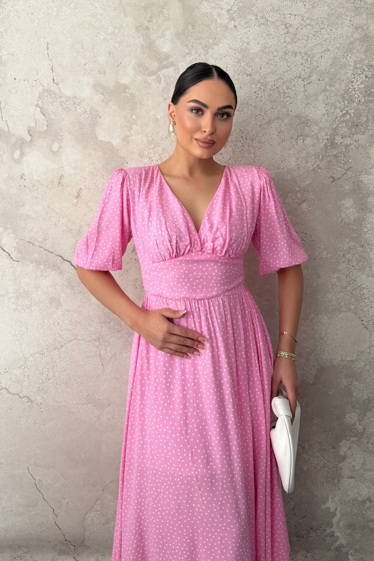 Pembe Puantiyeli Gipeli Elbise