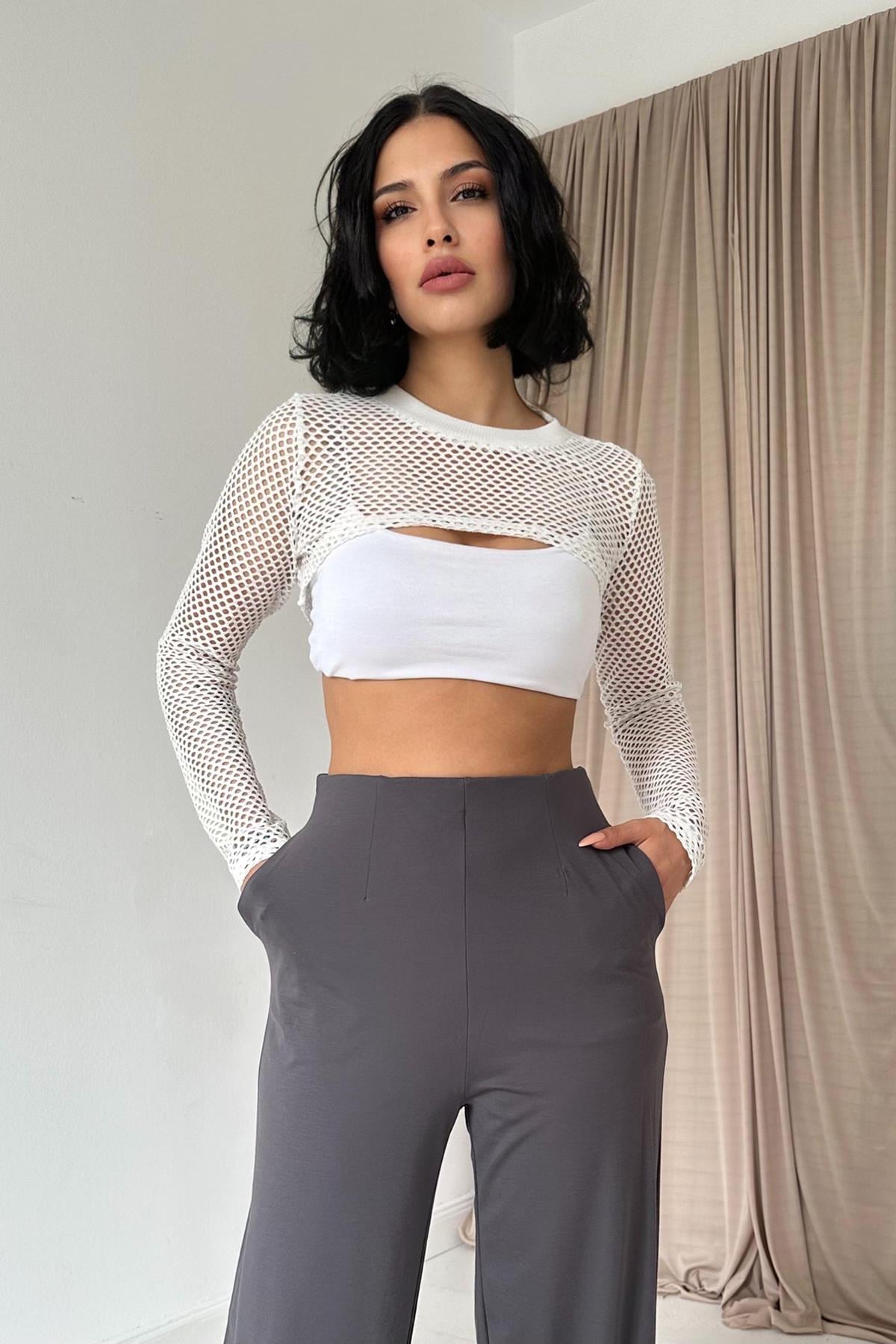 Pensli Lastik Detaylı Pantolon - Füme 7882