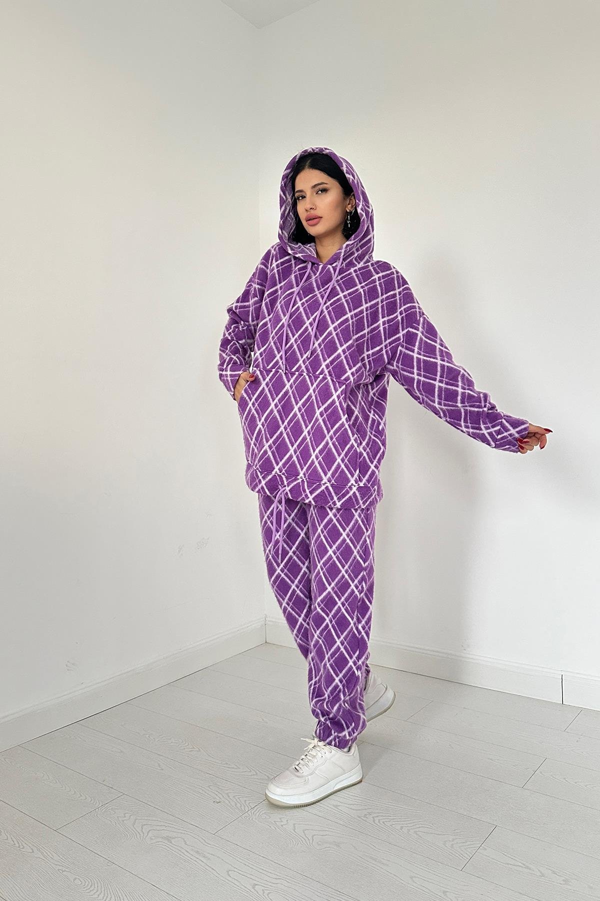 Polar Kapüşonlu Sweatshirt ve Pantolon Takım - Lila