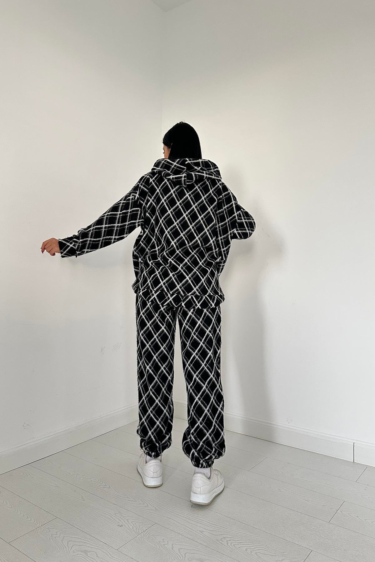 Polar Kapüşonlu Sweatshirt ve Pantolon Takım - Siyah
