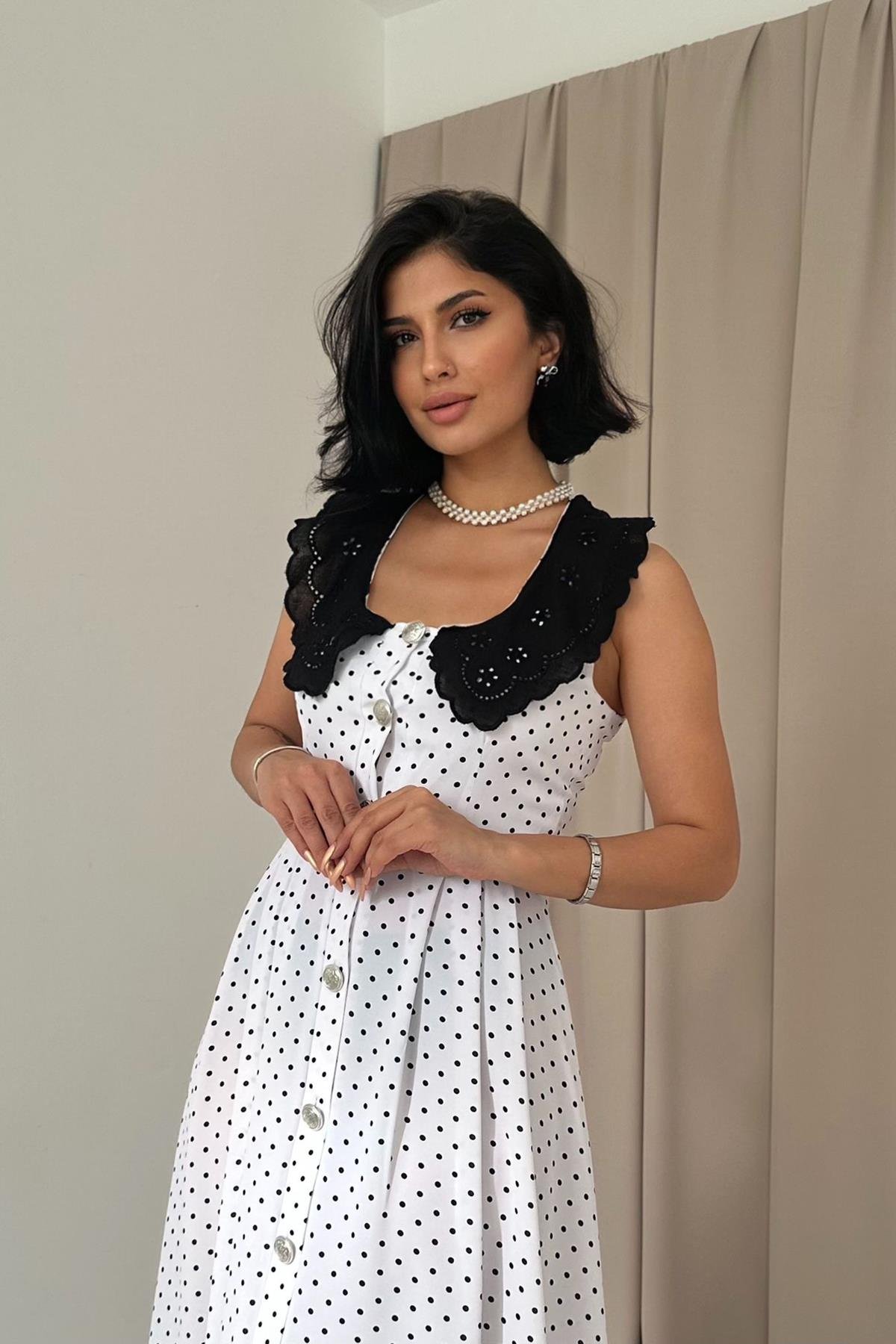 Puantiyeli Bebe Yaka Elbise - Beyaz 7537