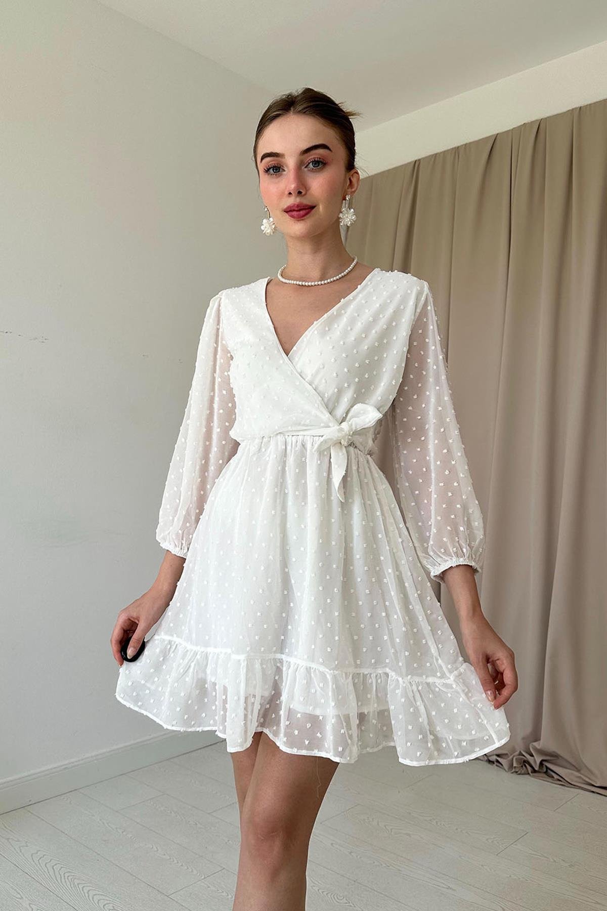 Puantiyeli Kruvaze Elbise - Beyaz 5247