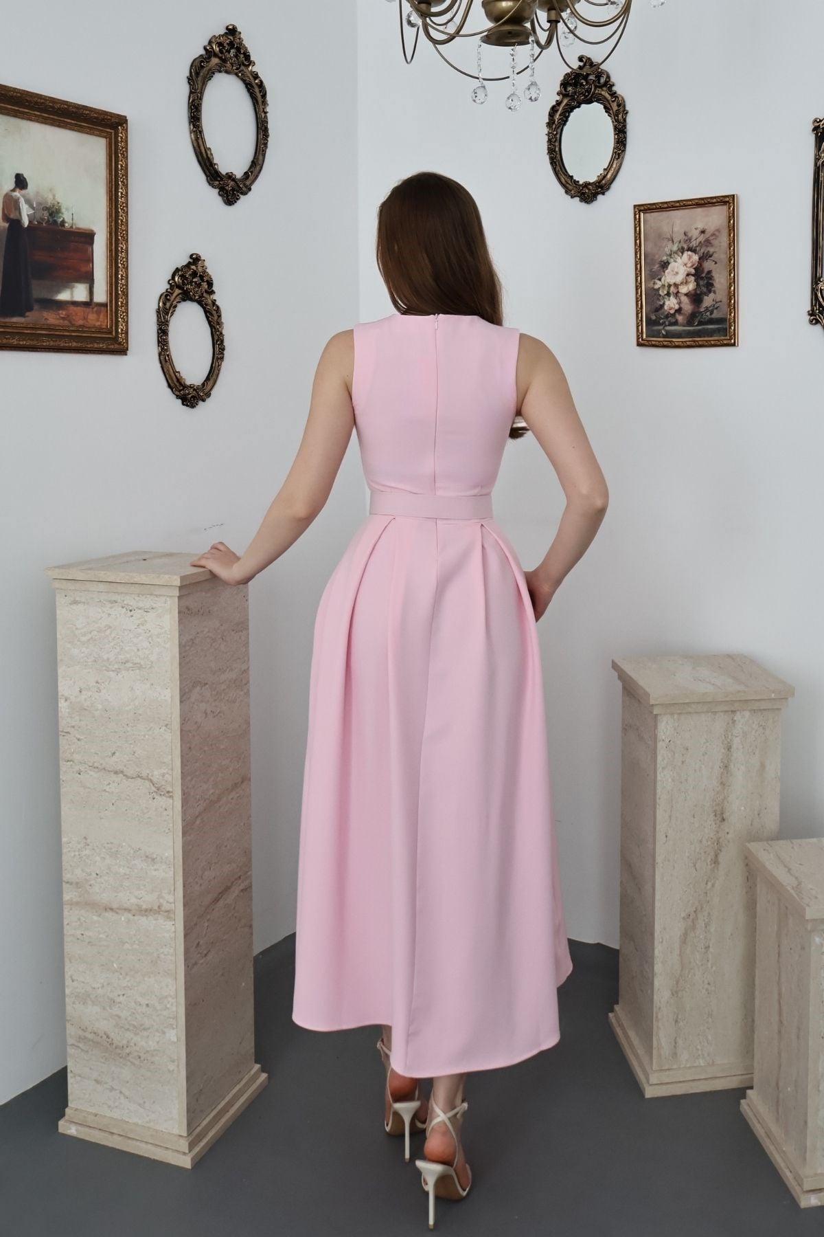 Pudra Halter Yaka Kloş Elbise