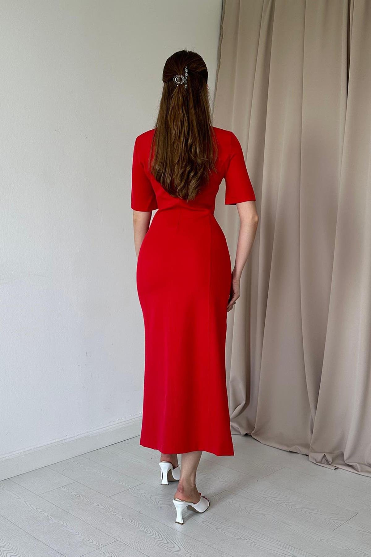 Sade Yırtmaçlı Elbise - Kırmızı 6184