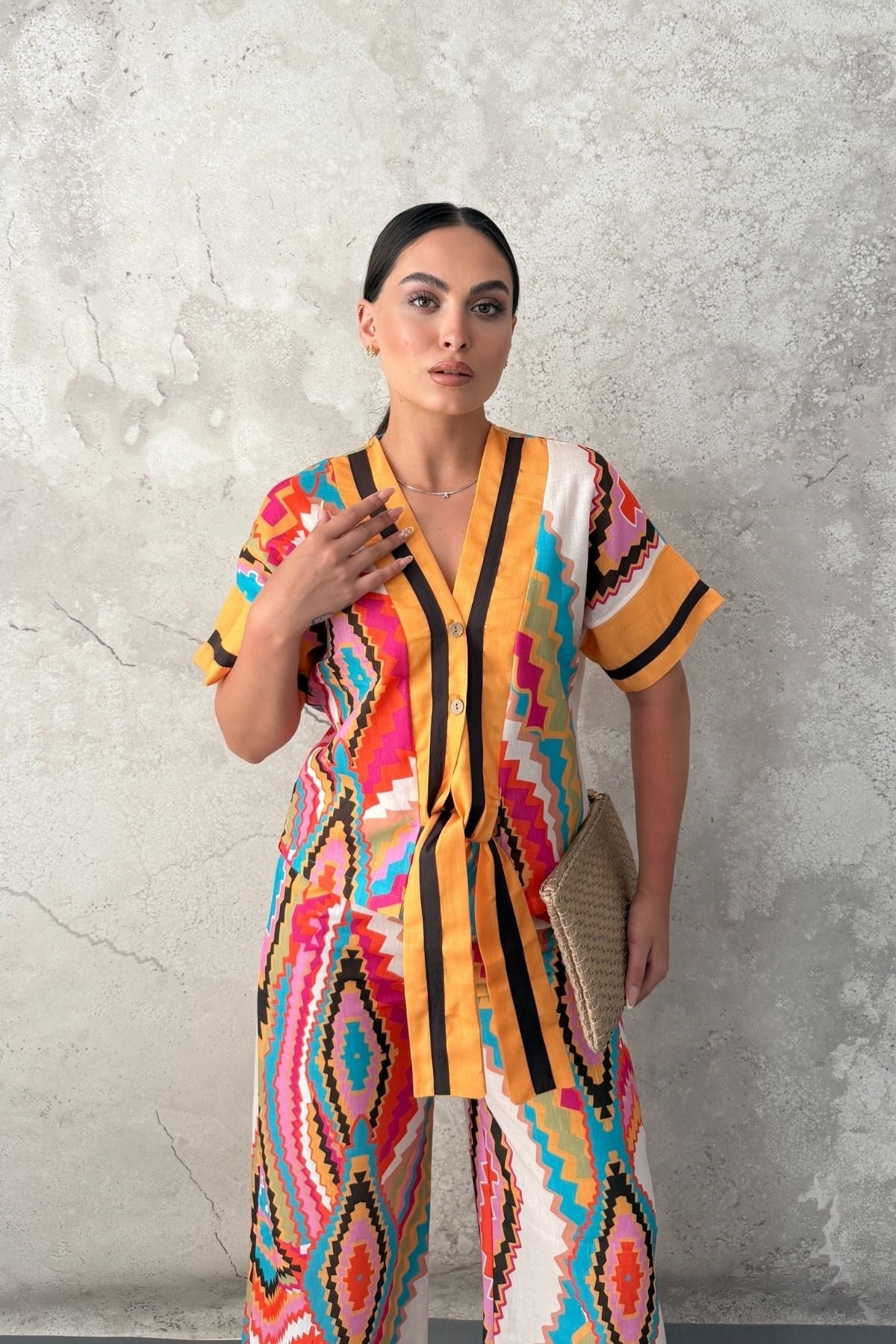 Sarı Etnik Desen Gömlek Pantolon Takım