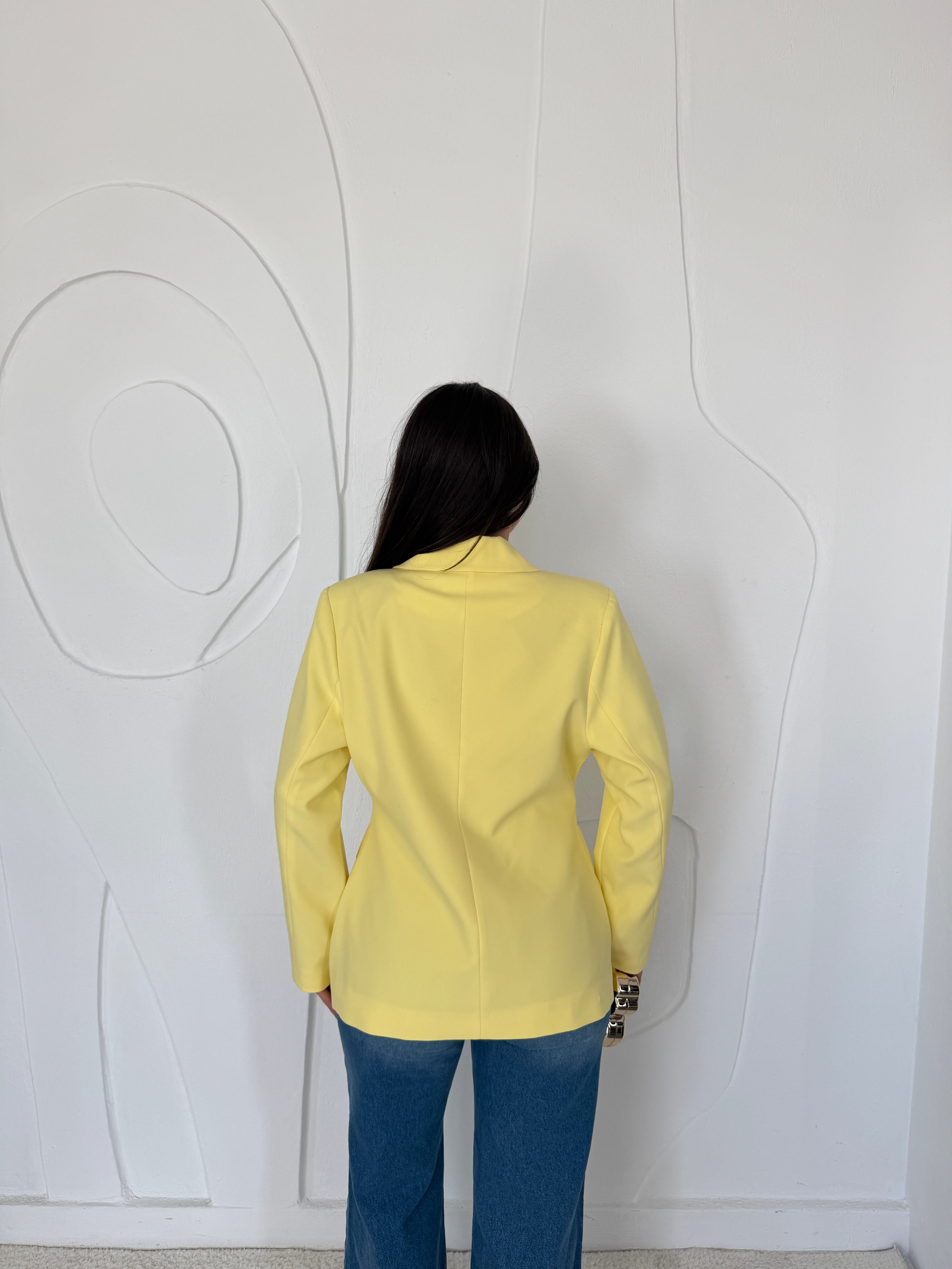 Sarı Gold Düğme Detaylı Belden Oturtmalı Blazer Ceket