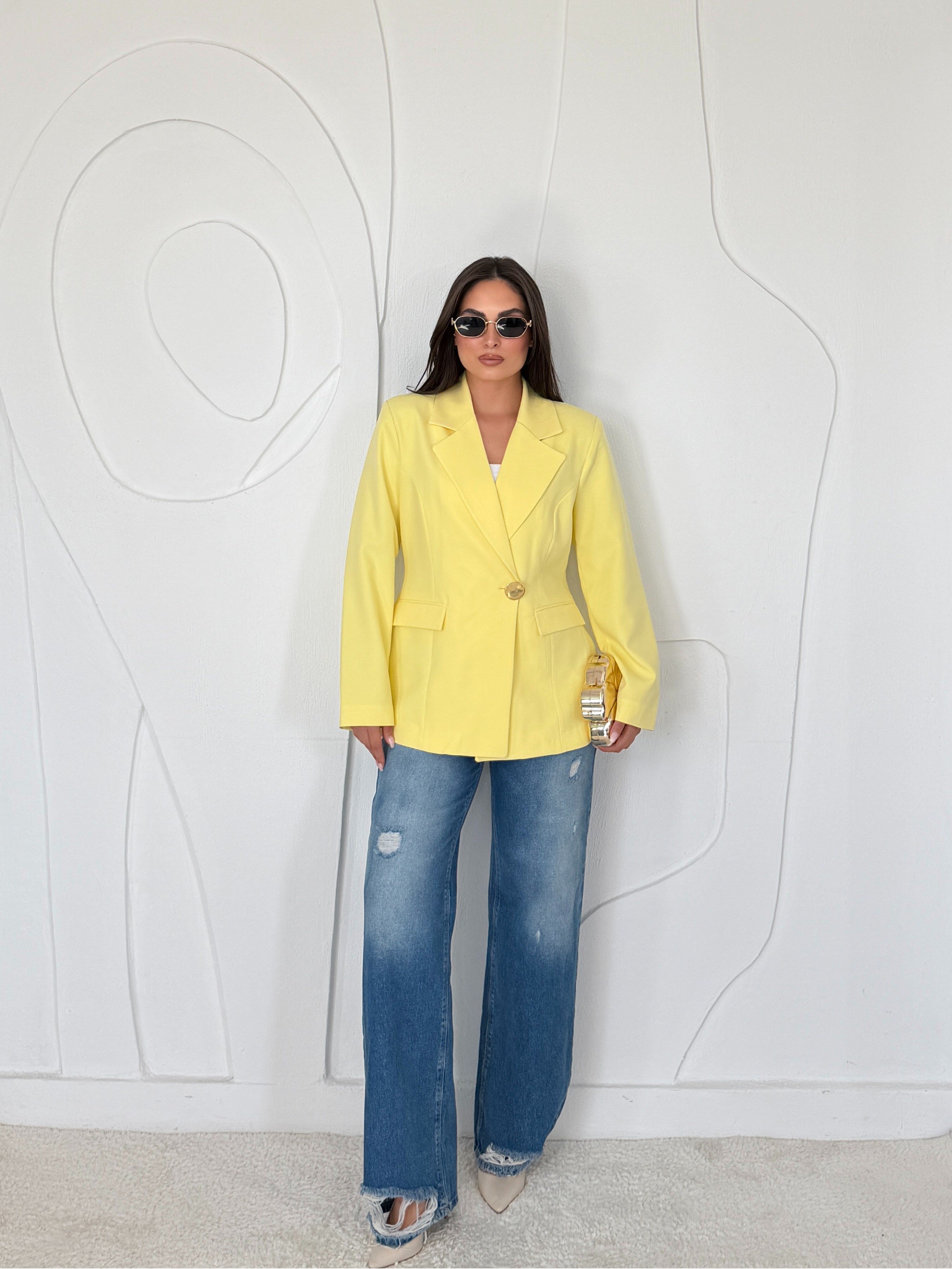 Sarı Gold Düğme Detaylı Belden Oturtmalı Blazer Ceket