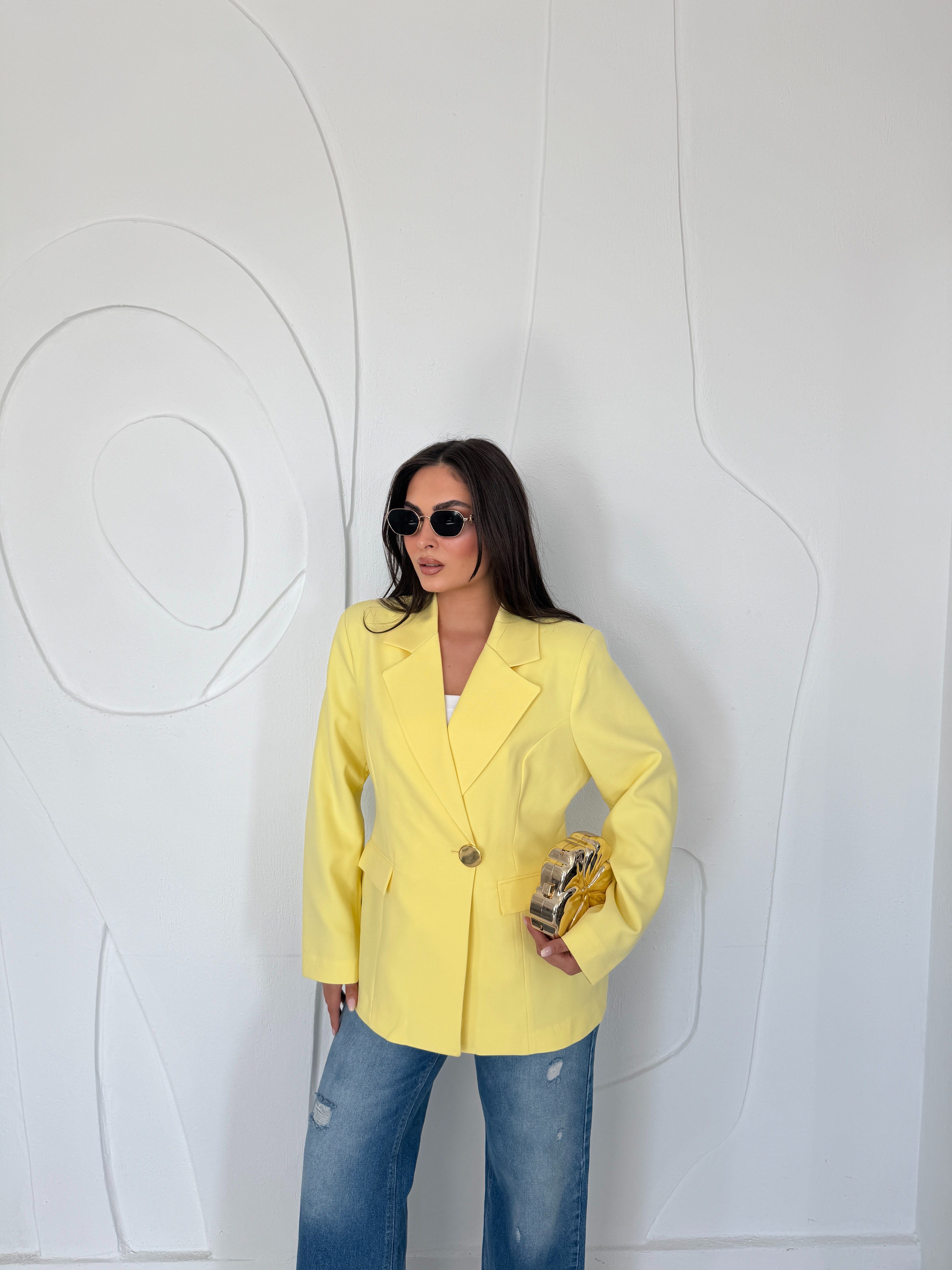 Sarı Gold Düğme Detaylı Belden Oturtmalı Blazer Ceket