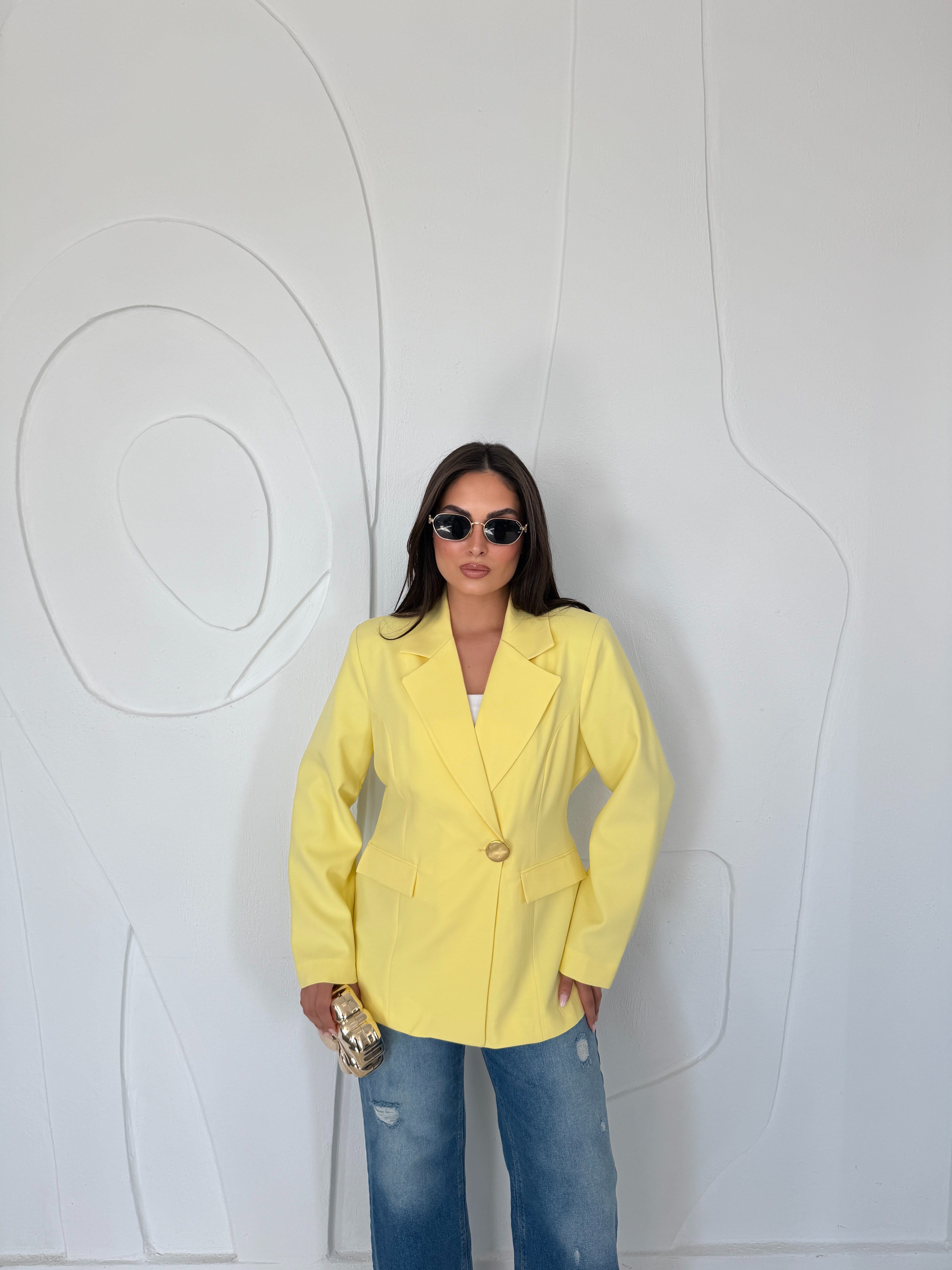 Sarı Gold Düğme Detaylı Belden Oturtmalı Blazer Ceket