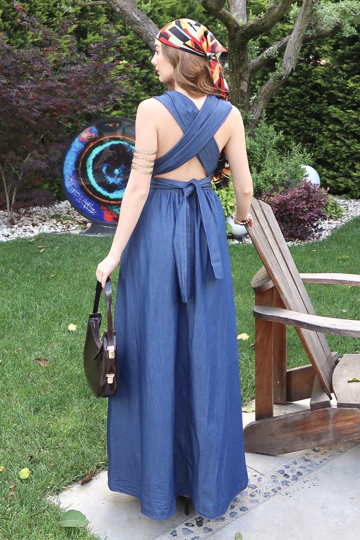 Sırt Detaylı Bağlamalı Denim Elbise