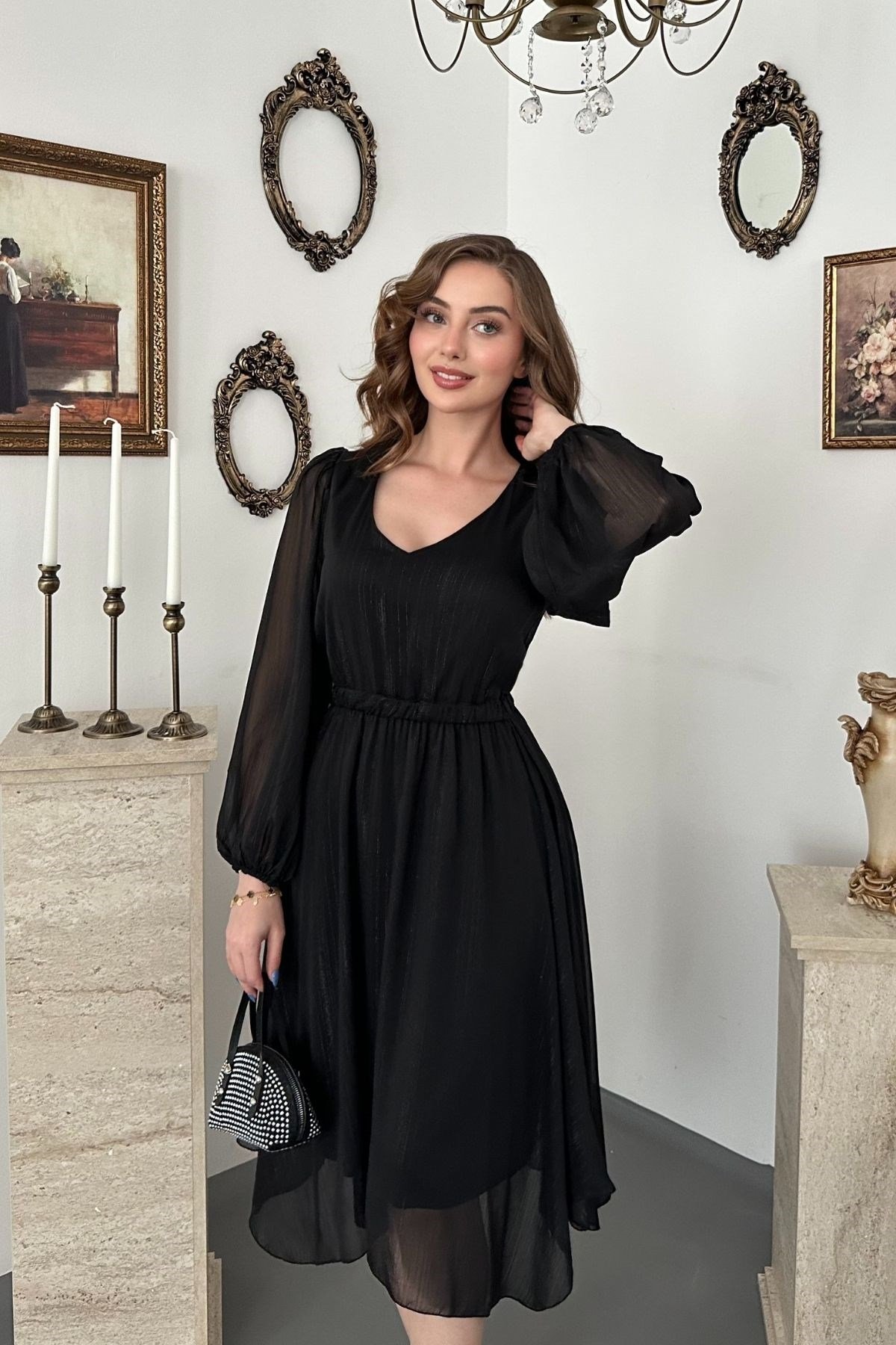 Siyah Işıltılı Asimetrik Elbise
