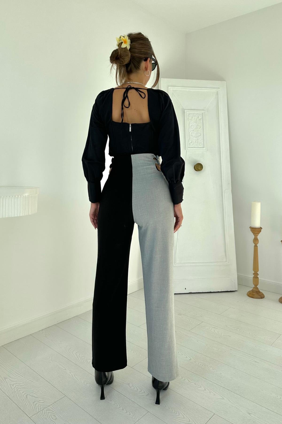 Siyah ve Gri Palazzo New Pantolon - Siyah & Gri