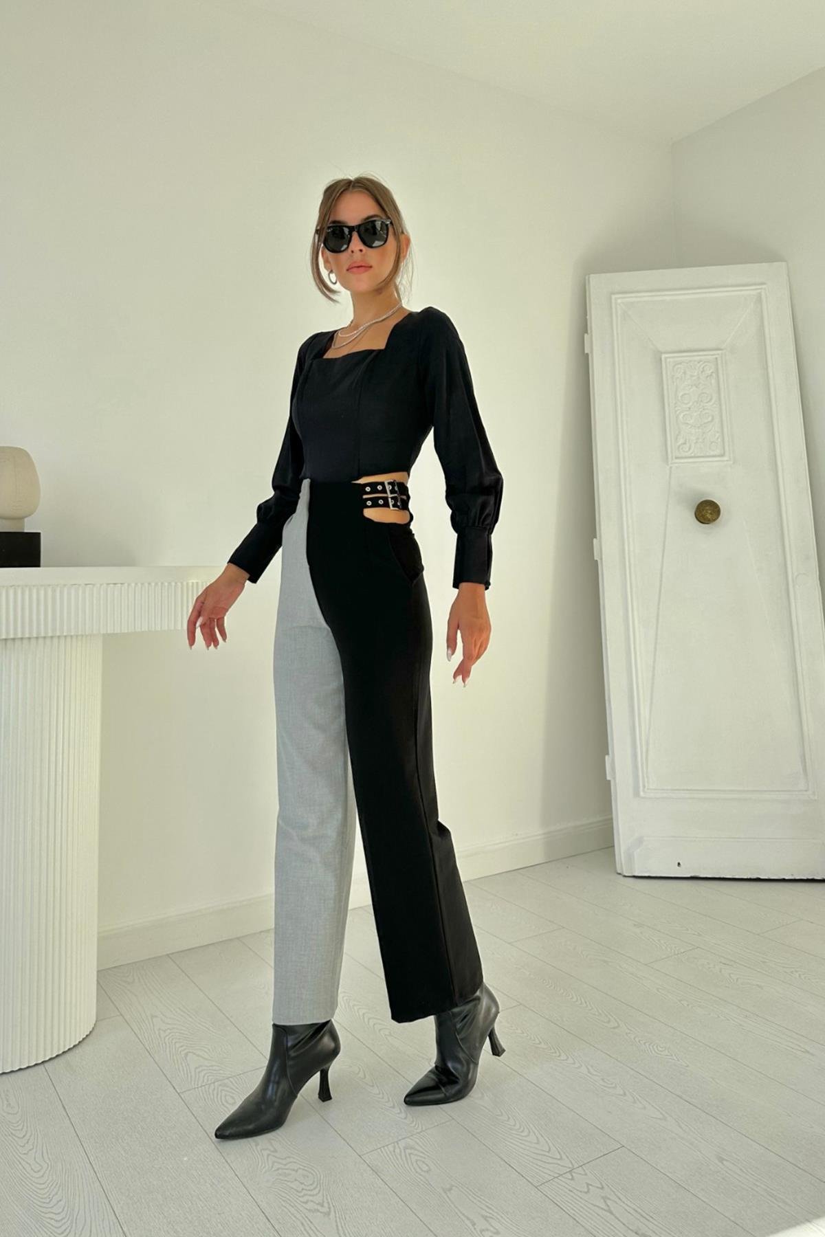 Siyah ve Gri Palazzo New Pantolon - Siyah & Gri