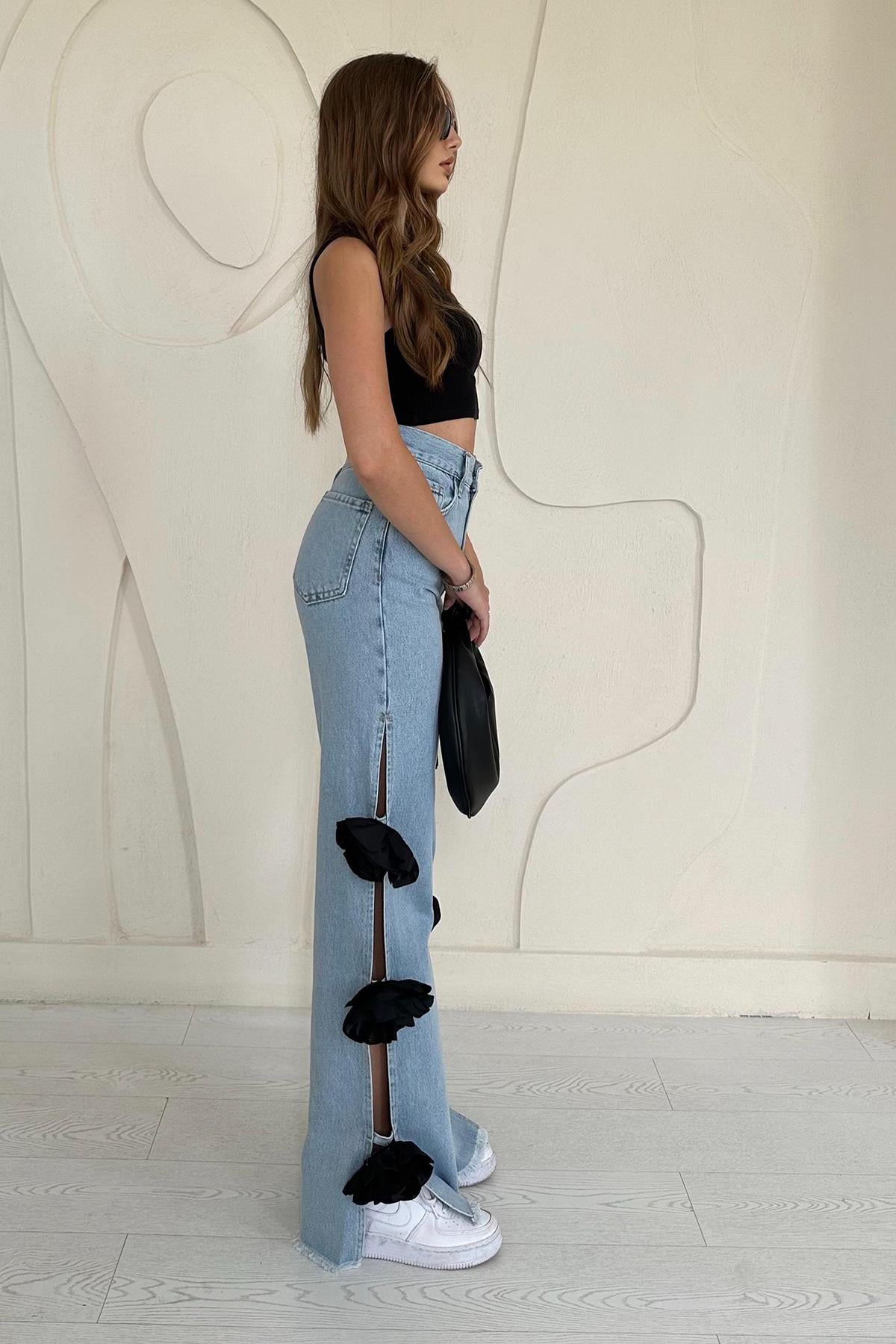 Yanları Güllü Jeans Pantolon - Mavi 3121