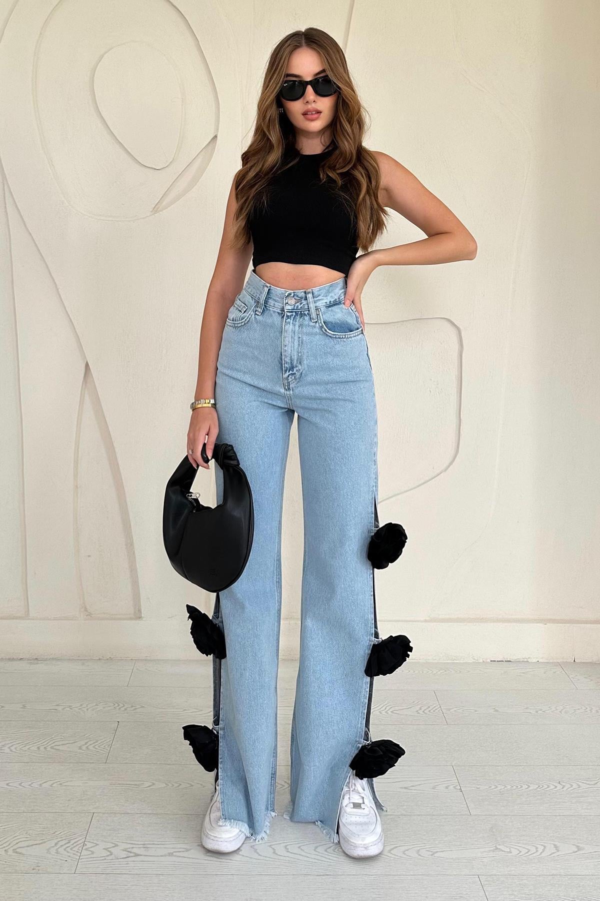 Yanları Güllü Jeans Pantolon - Mavi 3121