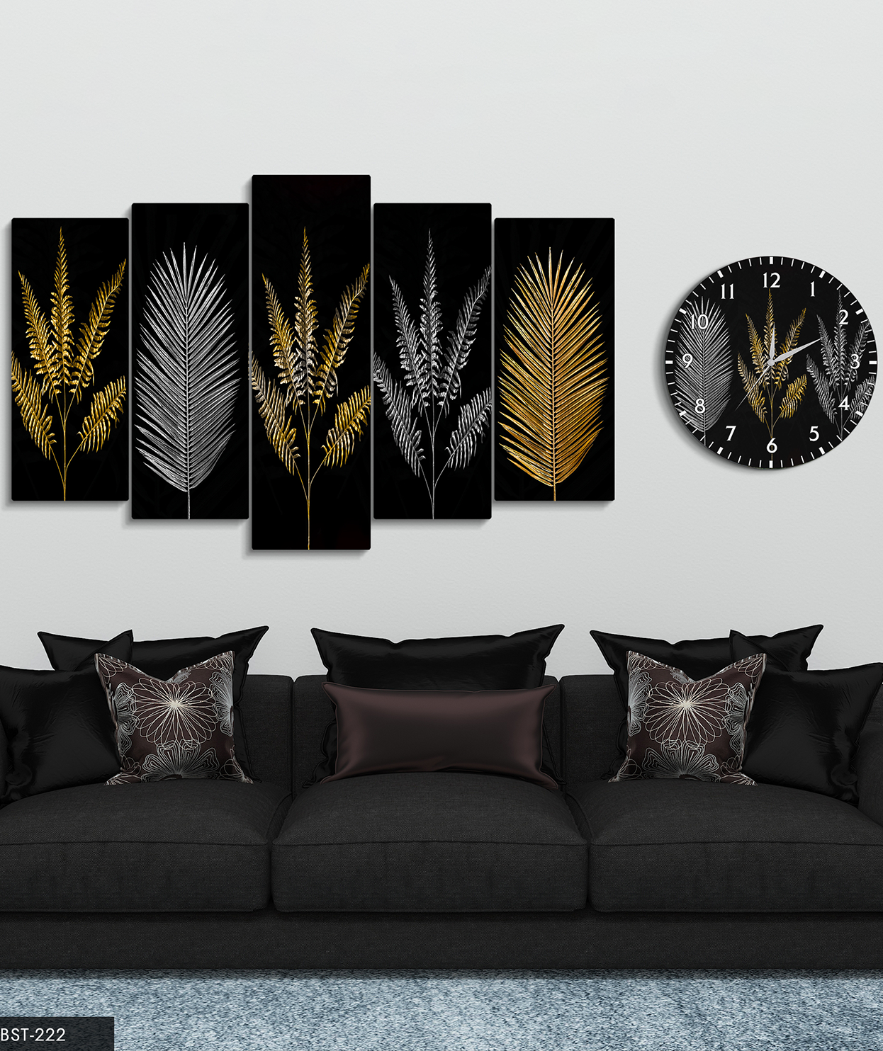 Gold Gümüş Yapraklar Tablo Saat Set
