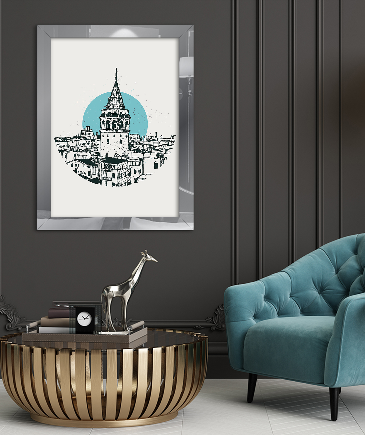 İstanbul Manzarası Çizim Gümüş Tek Parça Pleksi Tablo