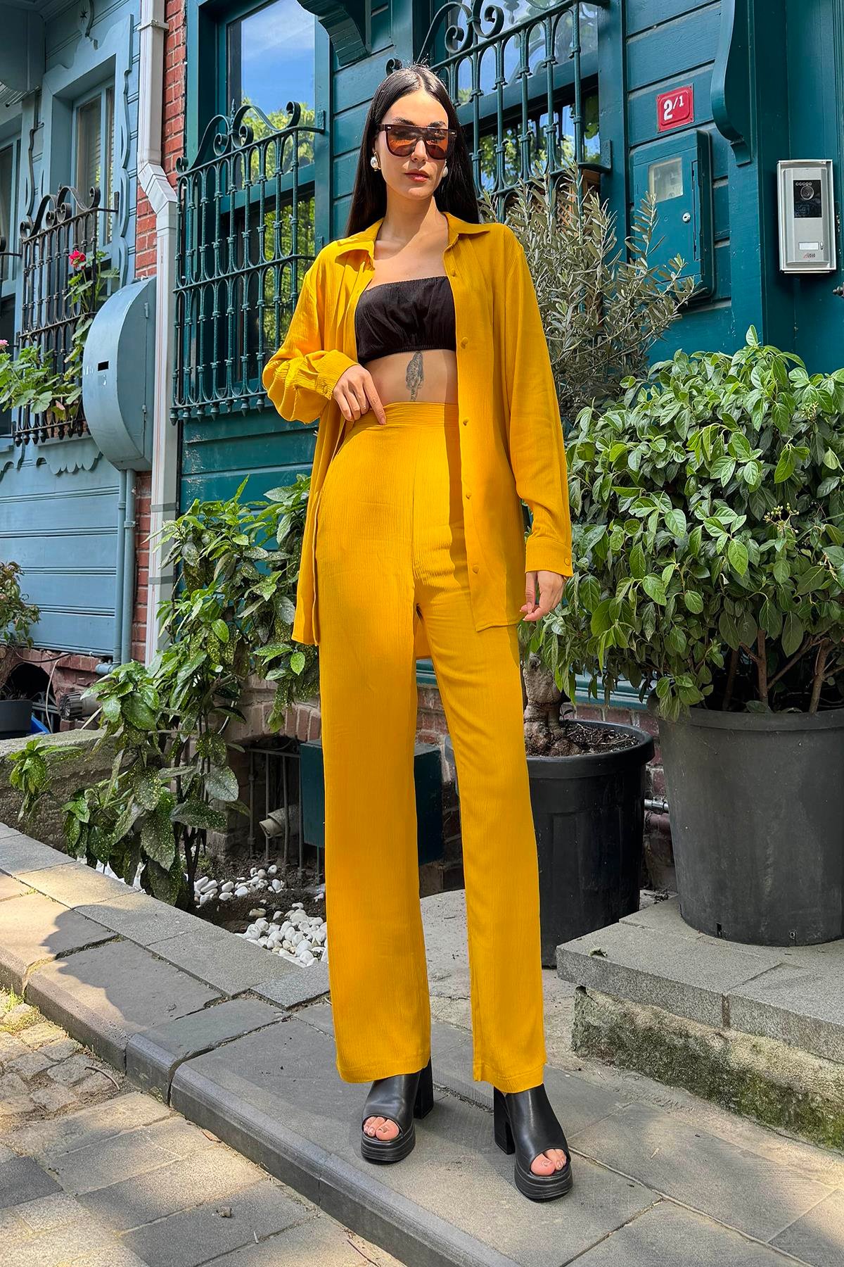 For You İn&Out 3 lü Viskon İçeride&Dışarıda Krinkıl Bustiyerli Hardal Takım  For You İn&Out 3'lü Viskon Krinkıl Bustiyerli Hardal Takım