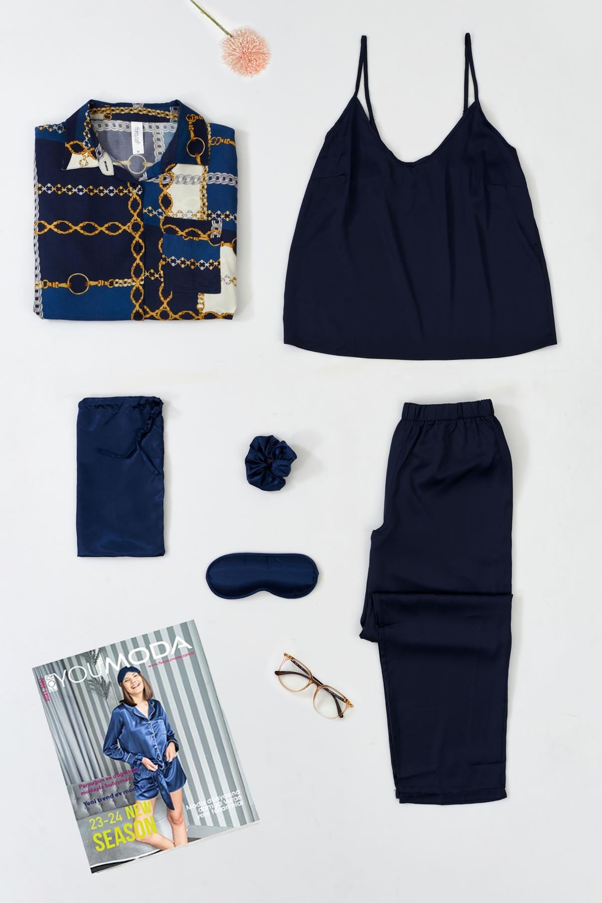 For You İn&Out 6 lı Hem İçeride Hem Dışarıda Zincir Desen Lacivert Pijama Takım  For You İn&Out 6'lı Hem İçeride Hem Dışarıda Zincir Desen Lacivert Pijama Takım