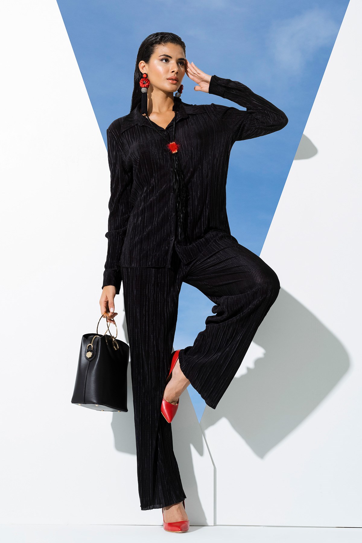 For You Sleepwear/For You Moda For You İn&Out For You İn&Out 2 li Piliseli Siyah Gömlek Pantolon Takım 